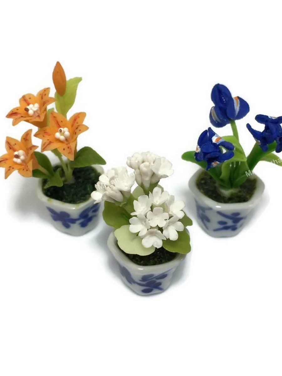 3pc Miniature Clay Flower Dollhouse Fairy Garden Decor - Ceramic Painted Mini Plant Trees & Artificial Orchid Flowers #056 - Perfect for Fairy Gardens, DIY Crafts, and Home Decor