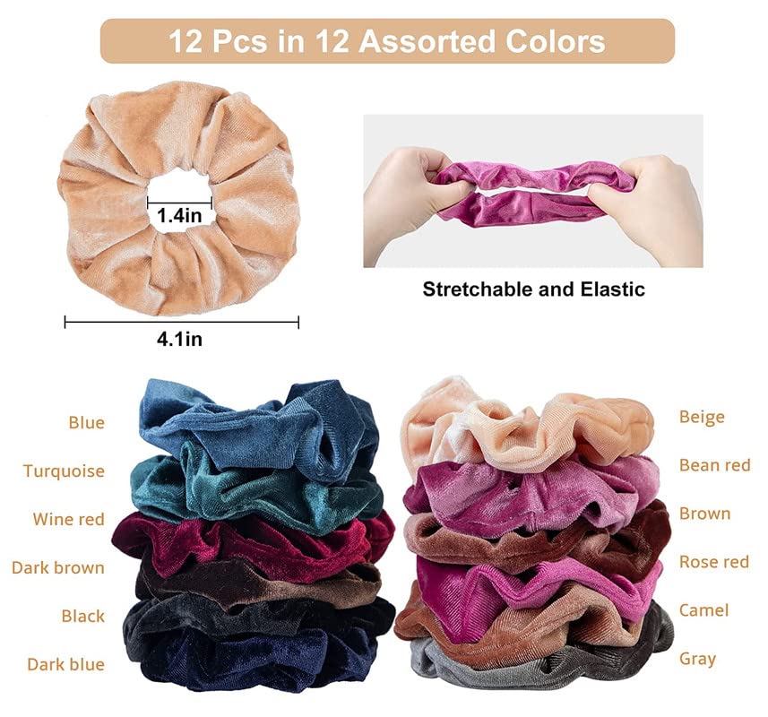 Fameza 12-Piece Velvet Hair Scrunchies Set - Soft Elastic Hair Bands & Ties for Women & Teen Girls (Multicolor) - Perfect for Valentine's Day, Christmas Gifts & Everyday Hair Styling