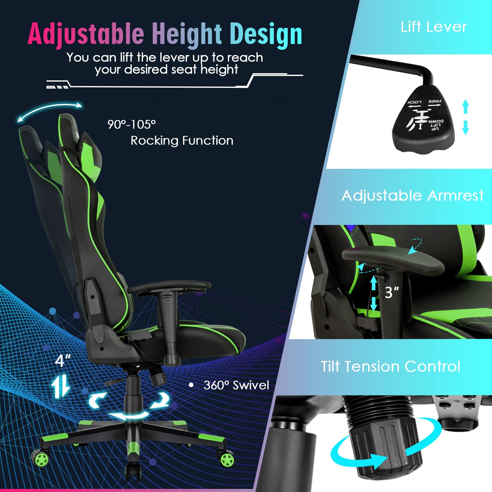 Powerstone RGB Gaming Chair - Ergonomic High Back Racing Style Computer Chair for Adults with Adjustable Lumbar Support & Armrests - Perfect for Esports, Office Work & Home Gaming Setup (Green)