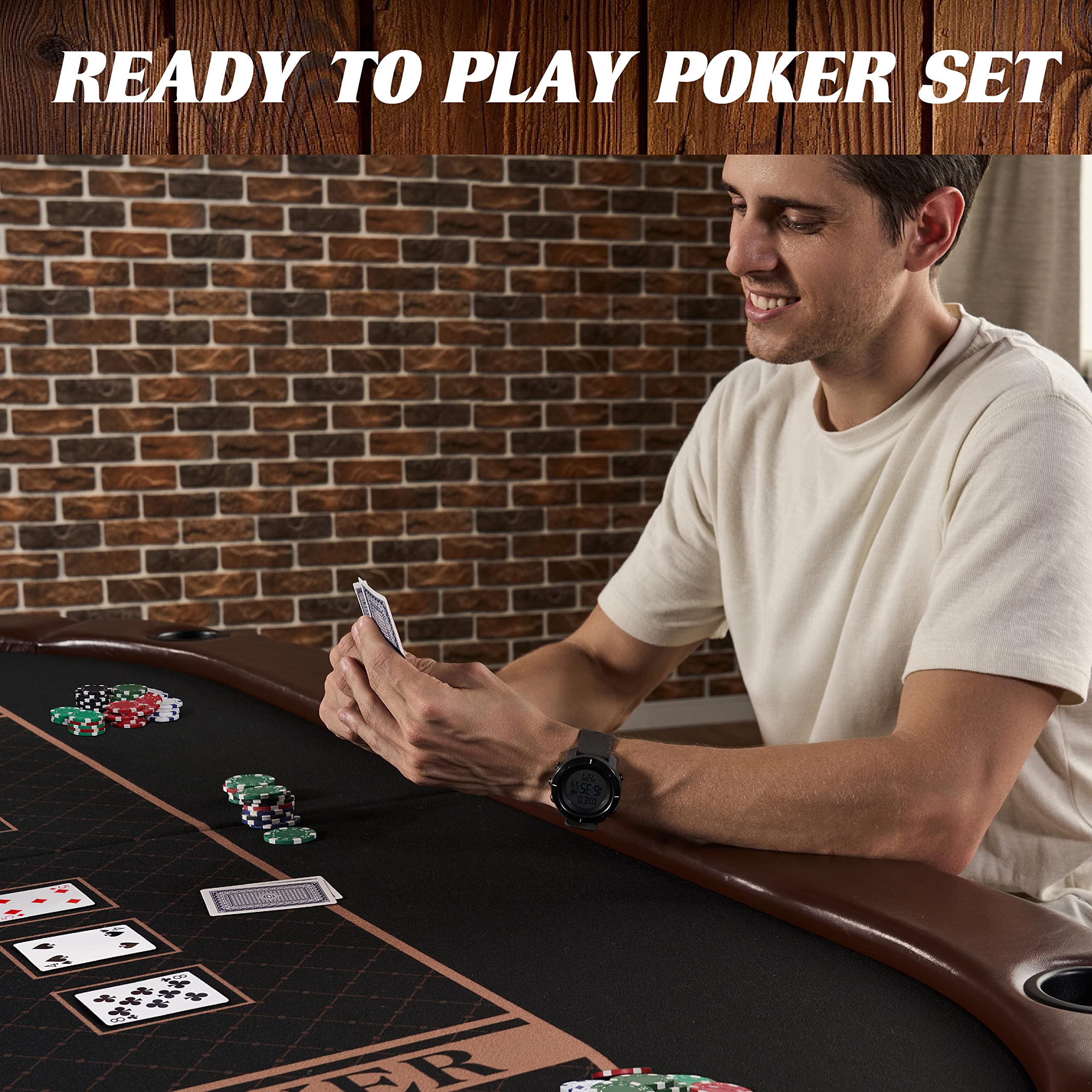 Barrington Folding Poker Table & Chip Set - Durable Padded Rail with Felt Surface for Texas Holdem, Omaha & Casino Night - Home Game, Poker Party & Tournament Use