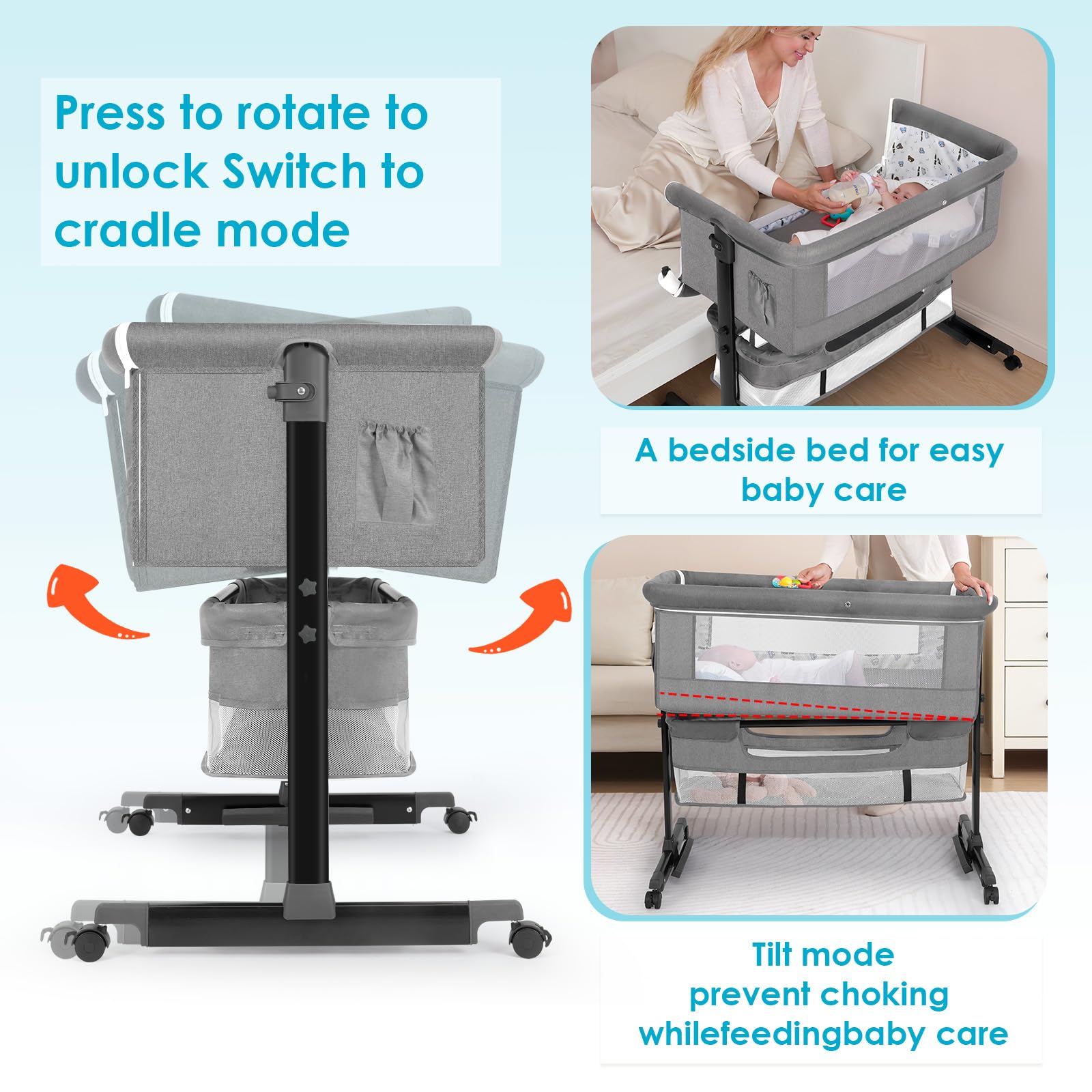 2024 New Style Light Grey Baby Bassinet - Portable Foldable Bedside Sleeper Crib for Boys & Girls | Perfect for Nursery, Travel & Co-Sleeping