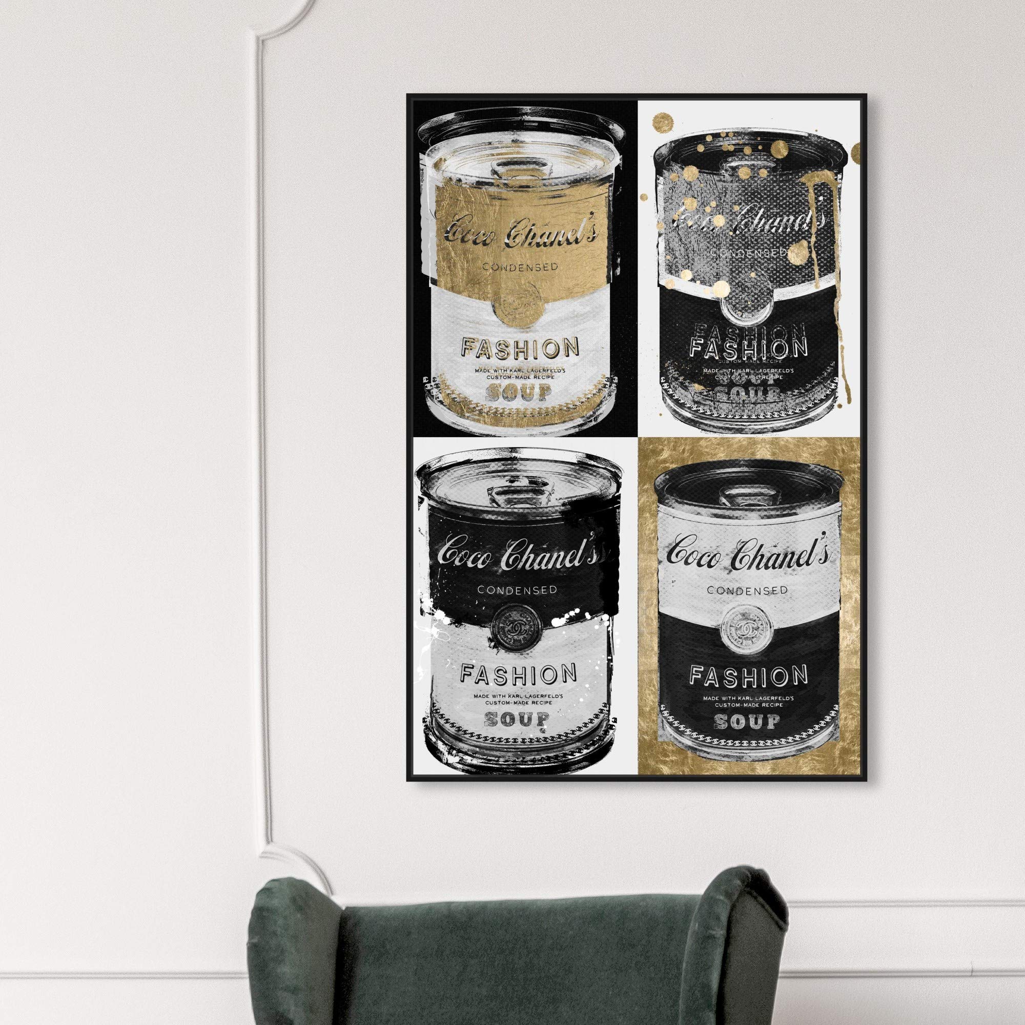 Oliver Gal Artist Co. Fashion & Glam Framed Wall Art Canvas Print - 'Fashion Soup' Pop Art Soup Can Painting - Perfect for Living Room, Bedroom & Office Decor