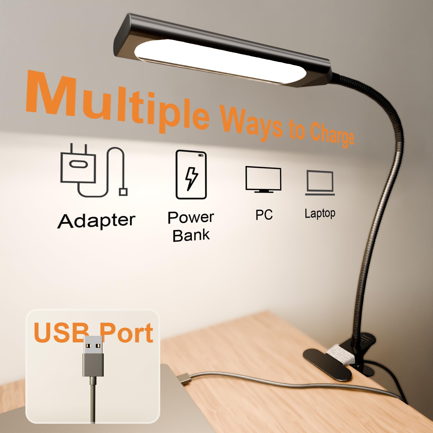 LED Clip On Desk Lamp - 3 Color Modes & 14 Brightness Levels, Dimmable Adjustable Gooseneck Reading Light with Metal Clip, 360° Rotation for Home Office Study | Perfect for Reading, Studying, Working & Nightstand Use (Black)