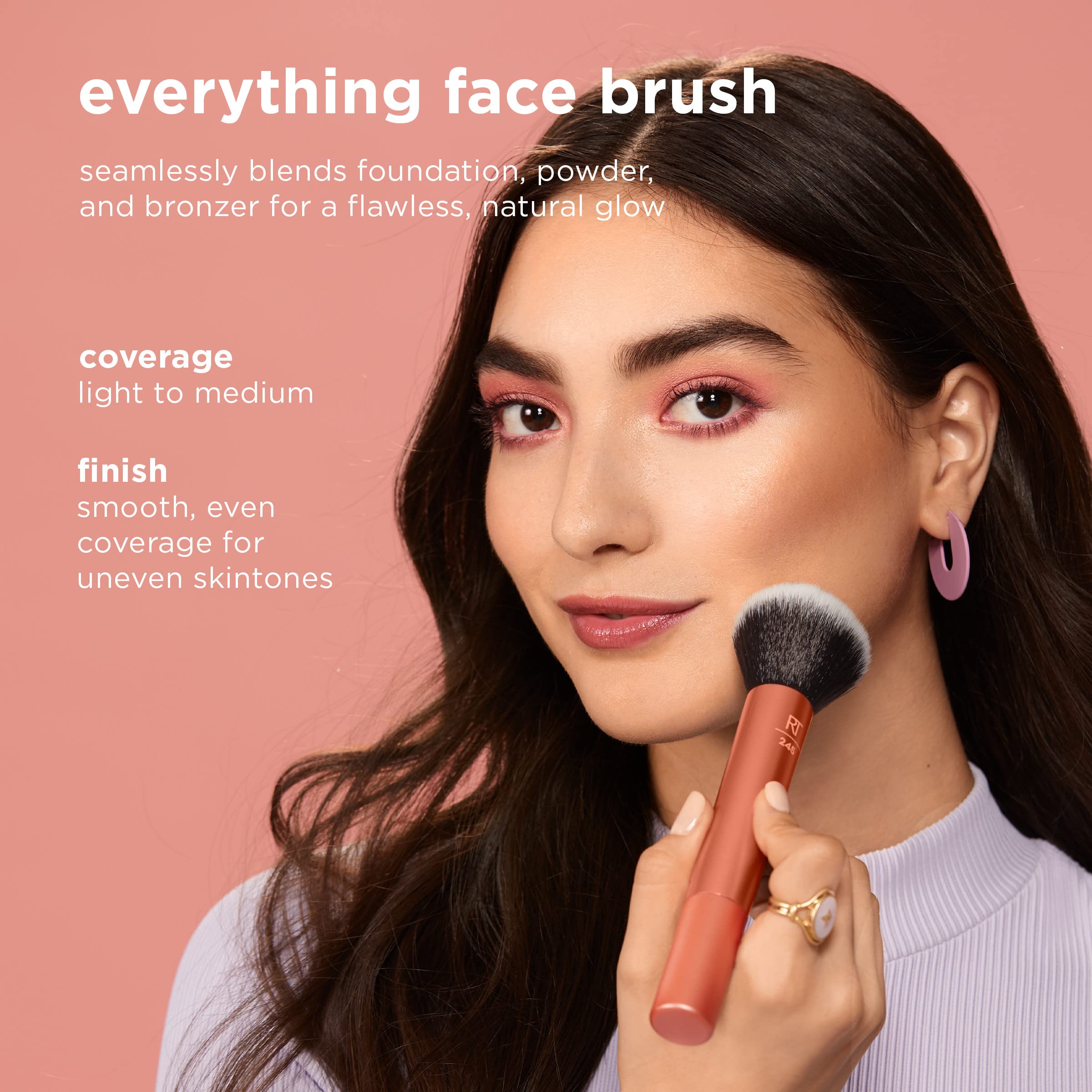 Real Techniques Everything Face Makeup Brush - Flawless Finish & Streak Free Application for Foundation & Powder | Soft Fluffy Cruelty-Free Face Brush (1 Count, Orange) | Perfect for Daily Makeup & Professional Looks