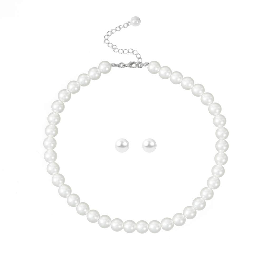 Femtindo Elegant Faux Pearl Necklace and Earring Set for Women - Vintage Pearl Jewelry with Charm Chain - Perfect for Weddings, Parties & Formal Occasions