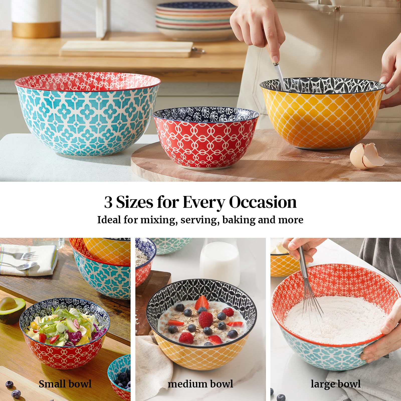 DOWAN 3-Piece Ceramic Mixing Bowls Set (3.7QT, 2QT, 1QT) - Vibrant Nesting Bowls for Cooking, Baking, Meal Prep & Serving - Microwave & Dishwasher Safe - Ideal for Kitchen, Salad, Housewarming Gifts & Everyday Use