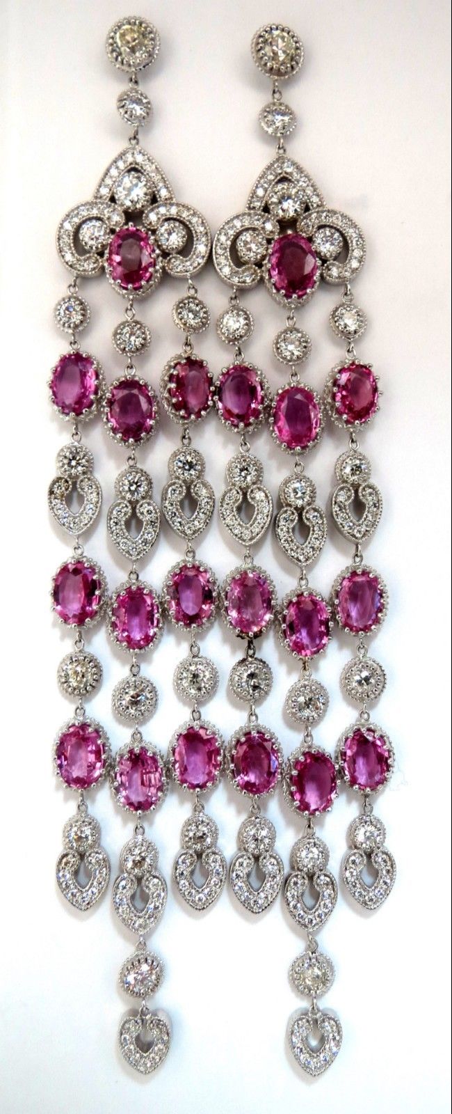 34.68ct Natural Pink Sapphire & Diamond Chandelier Earrings in 18K Gold - Elegant Dangle Drop Earrings for Women, Perfect for Weddings, Parties & Special Occasions