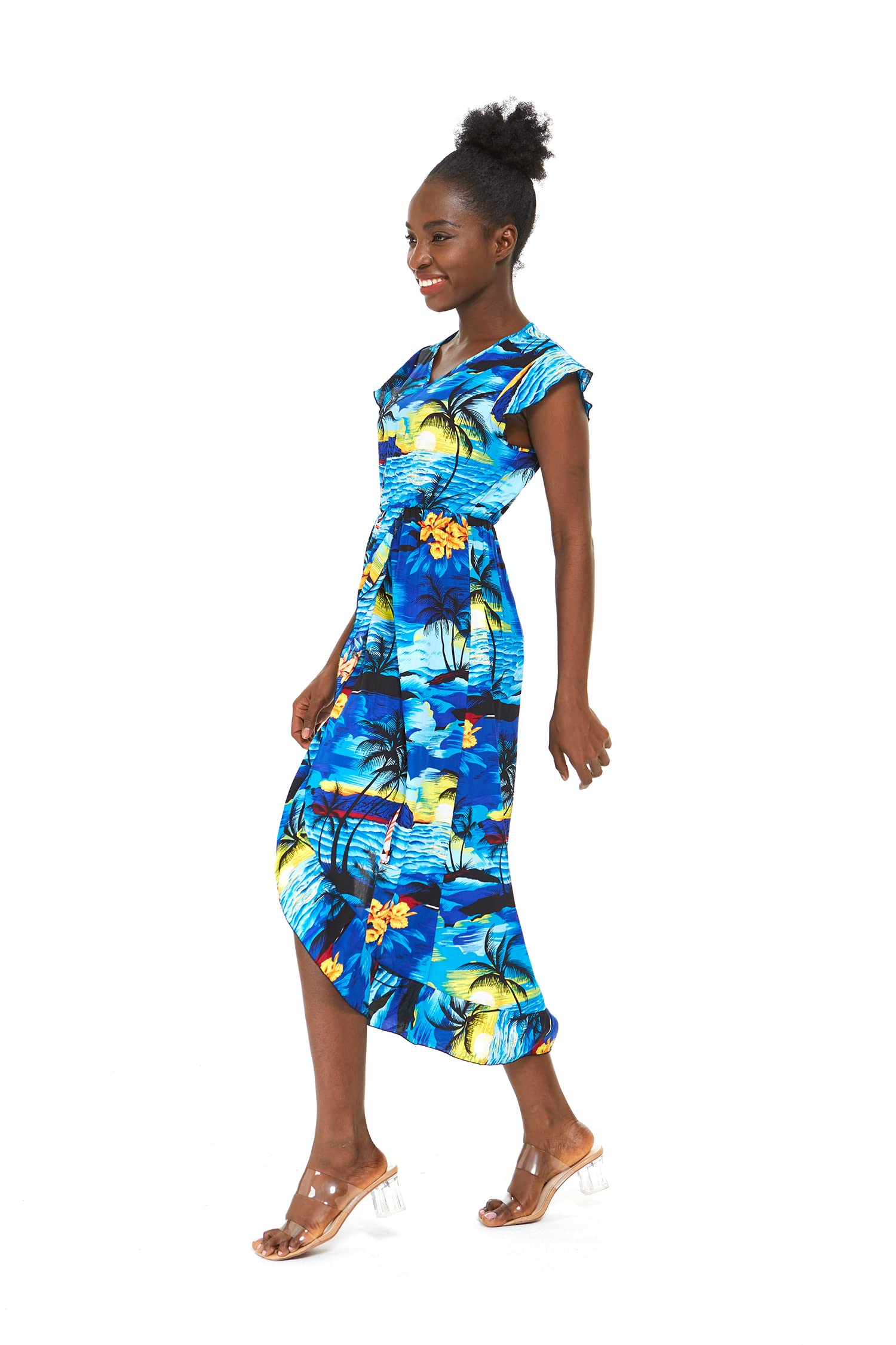 Hawaiian Luau Wrap Ruffle Dress for Women - Floral Hibiscus Vine Print - Perfect for Beach Parties, Summer Vacations & Tropical Getaways