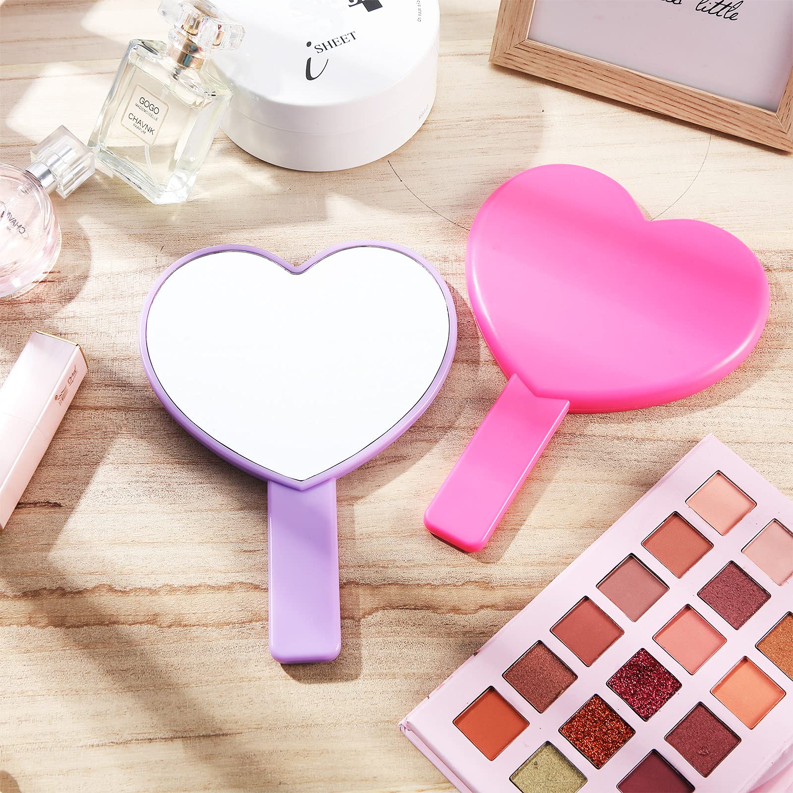 2 Pack Heart-Shaped Handheld Mirrors - Travel Makeup Mirror with Handle, Small Cosmetic Mirror for Women & Girls - Perfect for Valentine's Day Gifts, Bridal Makeup, Travel Essentials (Rose, Purple)