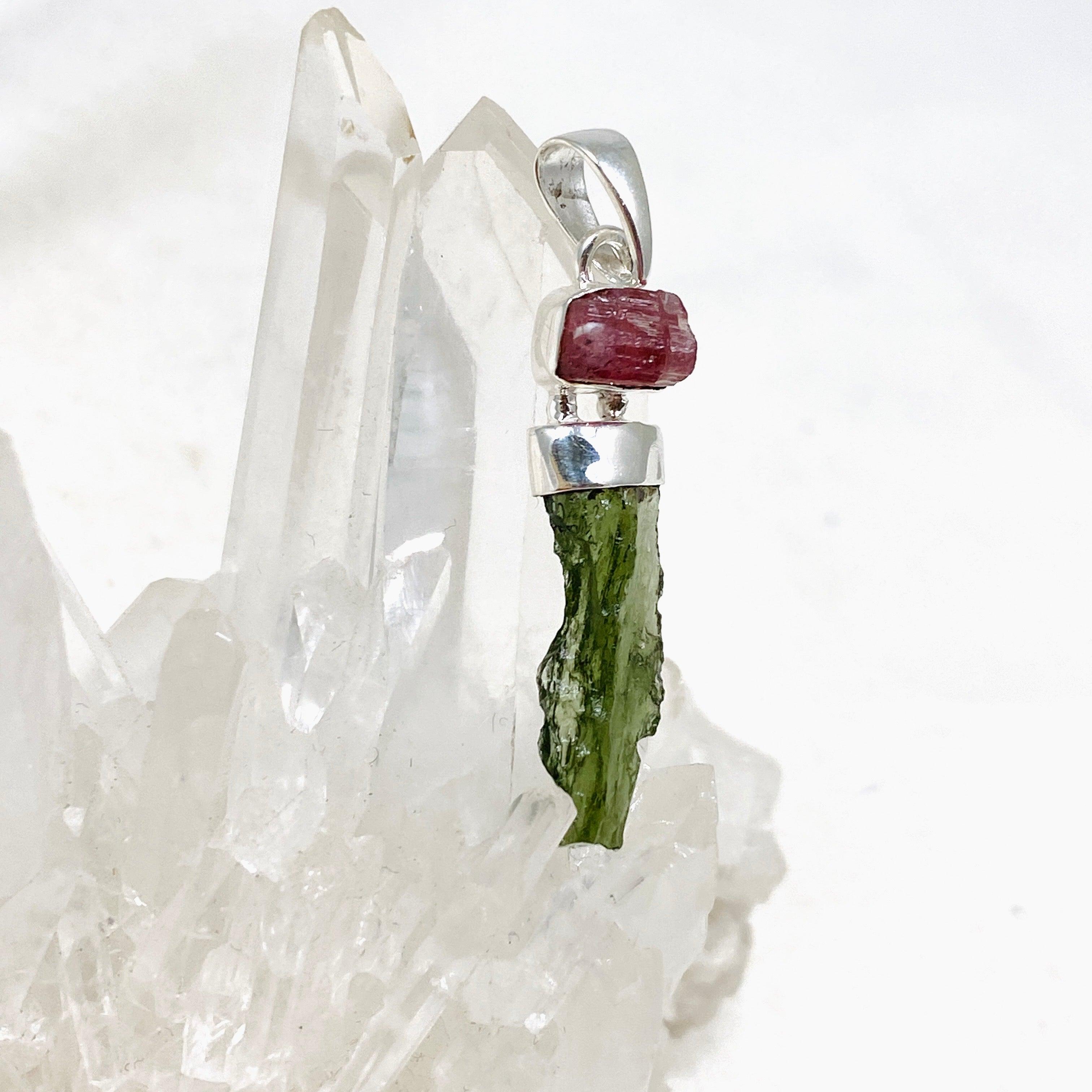 Natural Moldavite & Pink Tourmaline Pendant Necklace CGJ 04 - Spiritual Healing Jewelry for Meditation & Energy Protection
