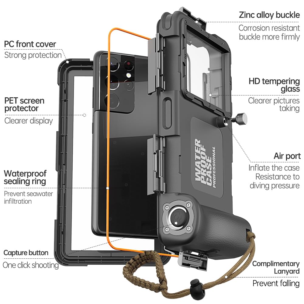 Professional 50ft Waterproof Phone Case for iPhone 16/15/14/13/12/11 Pro Max & Samsung Galaxy S25/S24/S23 Ultra/Plus - Underwater Photography & Snorkeling/Diving Protection (Black) - Perfect for Beach Vacations, Pool Parties & Marine Adventures