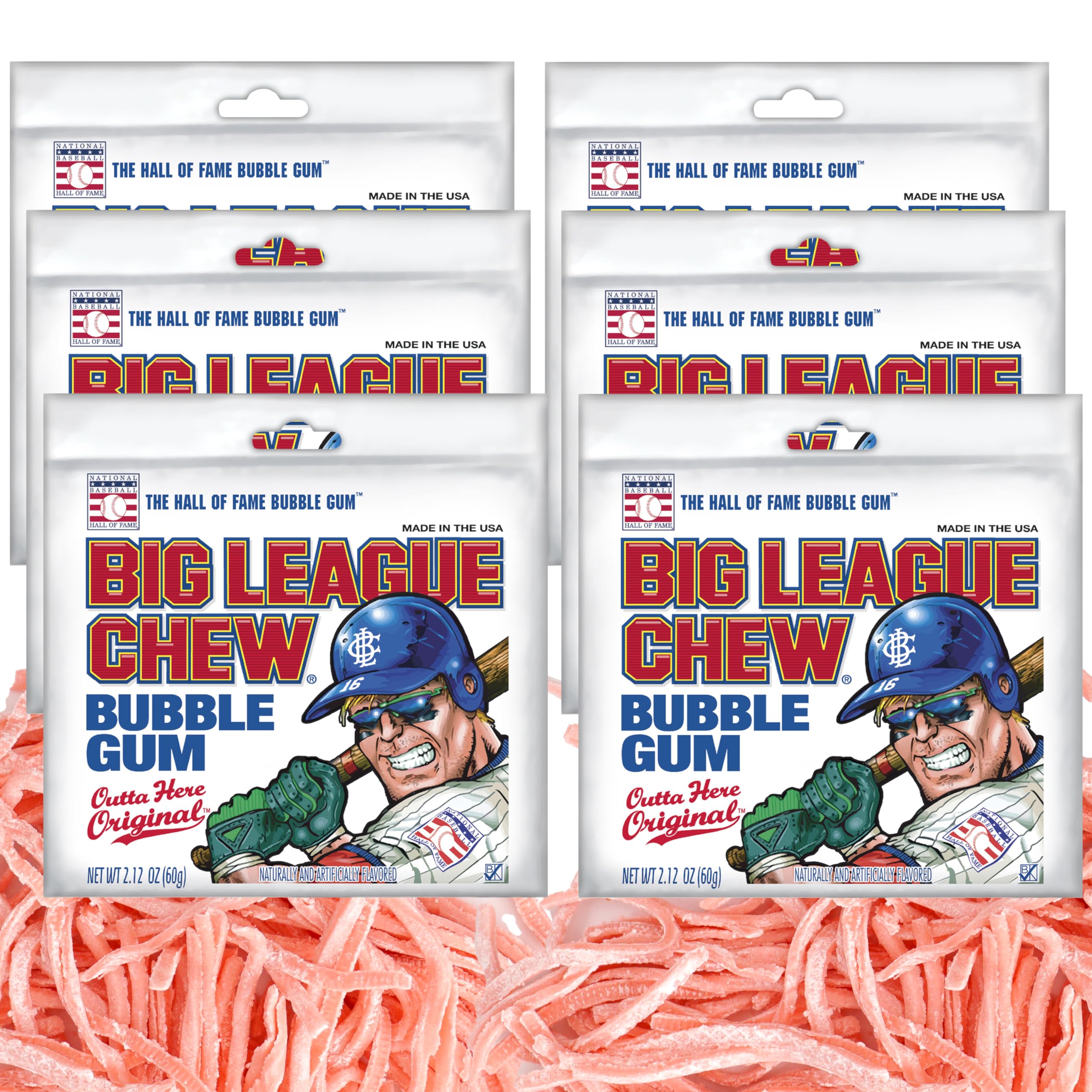Big League Chew Bubble Gum - Outta Here Original Flavor, 2.12 Oz (Pack of 6) | Long-Lasting Chewing Gum for Baseball Games, Road Trips & Fun Snacks