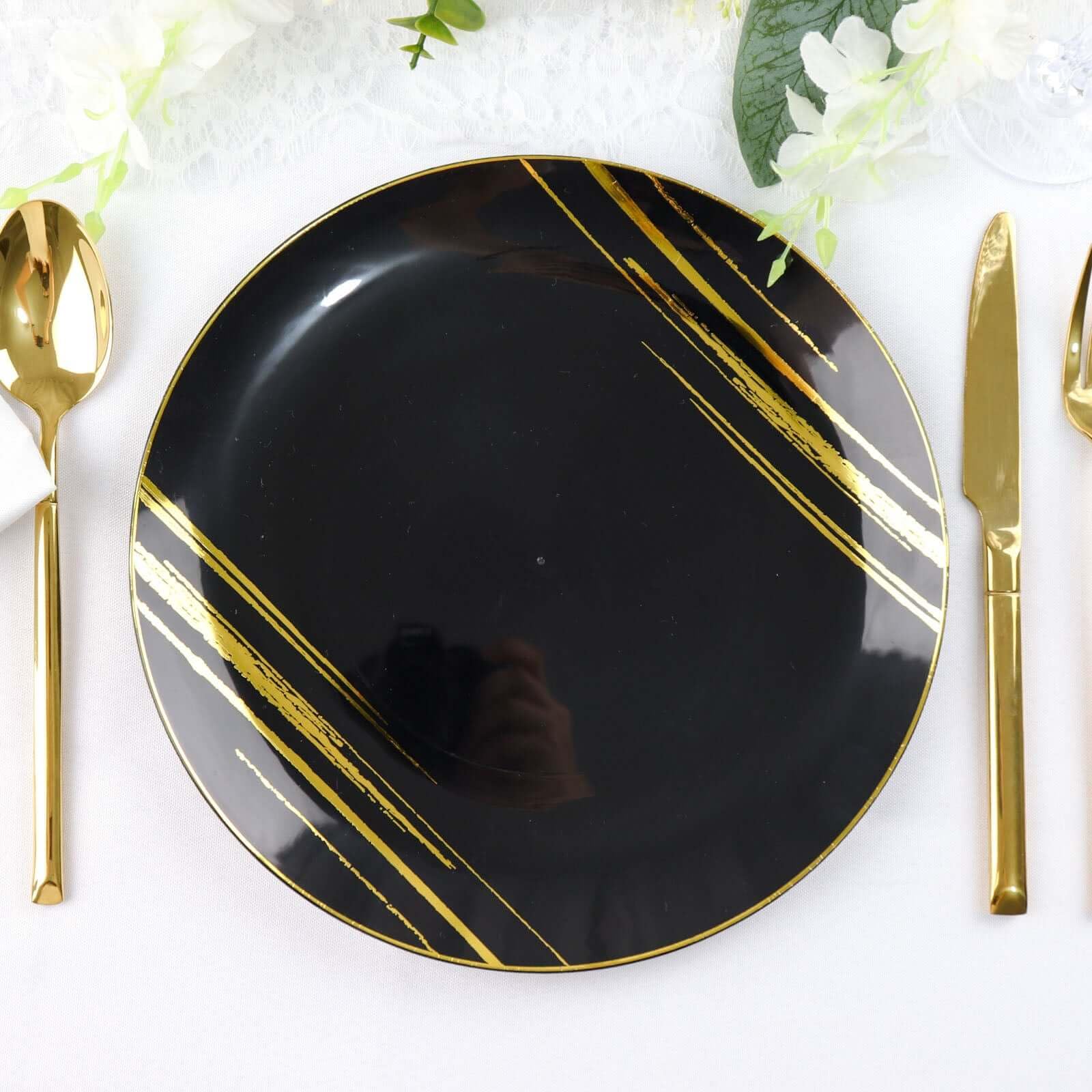 Efavormart 10 Pack Black & Gold Brush Stroked 10 Inch Round Plastic Dinner Plates - Disposable Party Plates for Weddings, Birthdays & Events - Elegant Dinnerware for Catering, Buffets & Special Occasions