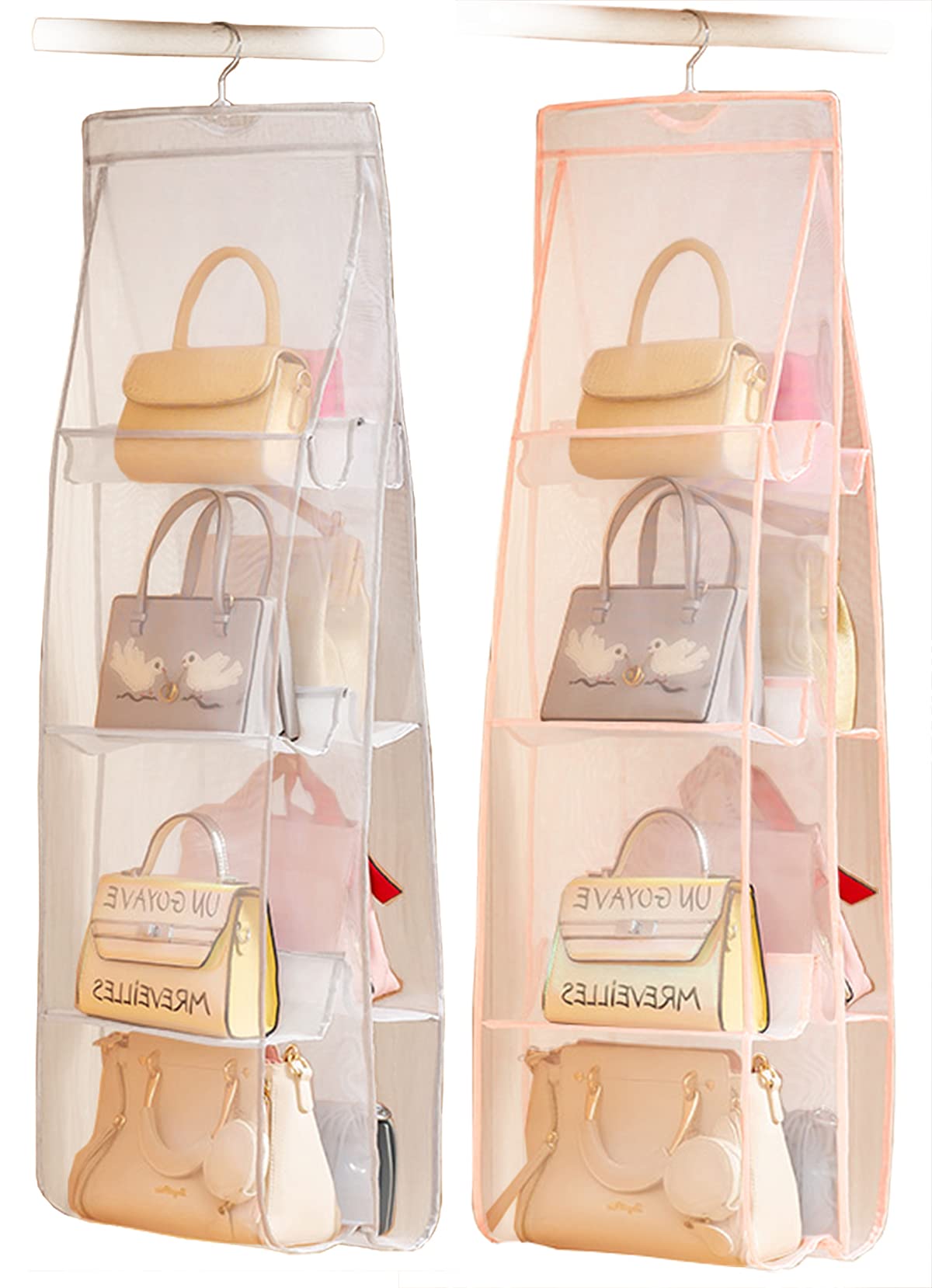 MURRI&MURRDI 2-Pack Hanging Handbag Organizer for Closet - 8 Clear Pockets Purse Storage Holder, Space Saving Pocketbook Hanger for Wardrobe (Gray Pink) - Perfect for Bedroom, Closet & Dorm Organization