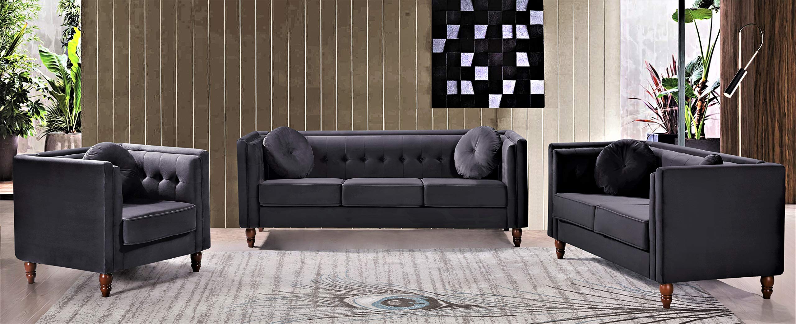 Lexie Velvet Mid Century Chesterfield Sofa Set - 3PC Modern Loveseat & Accent Chairs for Living Room, Apartment, Bedroom & Office - Black Velvet Upholstery | Perfect for Small Spaces, Cozy Reading Nooks & Stylish Home Decor