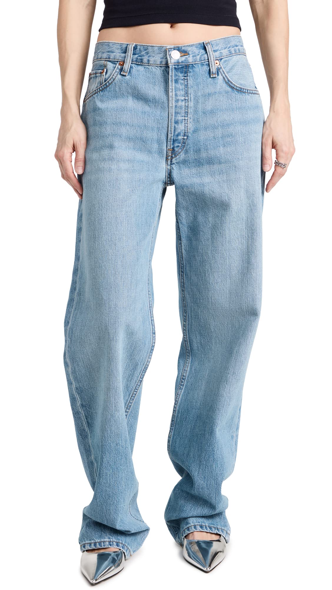 RE/DONE Women's Loose Fit Long Distressed Denim Jeans - High Waisted Vintage Style for Casual Wear & Everyday Outfits