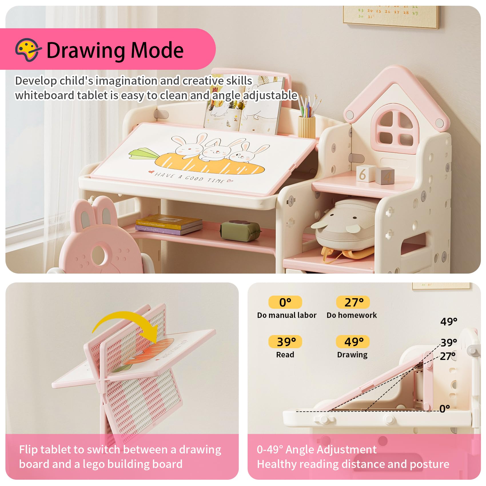 UNICOO Kids 3-in-1 Multifunctional Activity Desk - Adjustable Height Learning & Drawing Table with Chair Set (QB-002-P Pink) | Perfect for Homeschooling, Art Projects & Playroom Organization