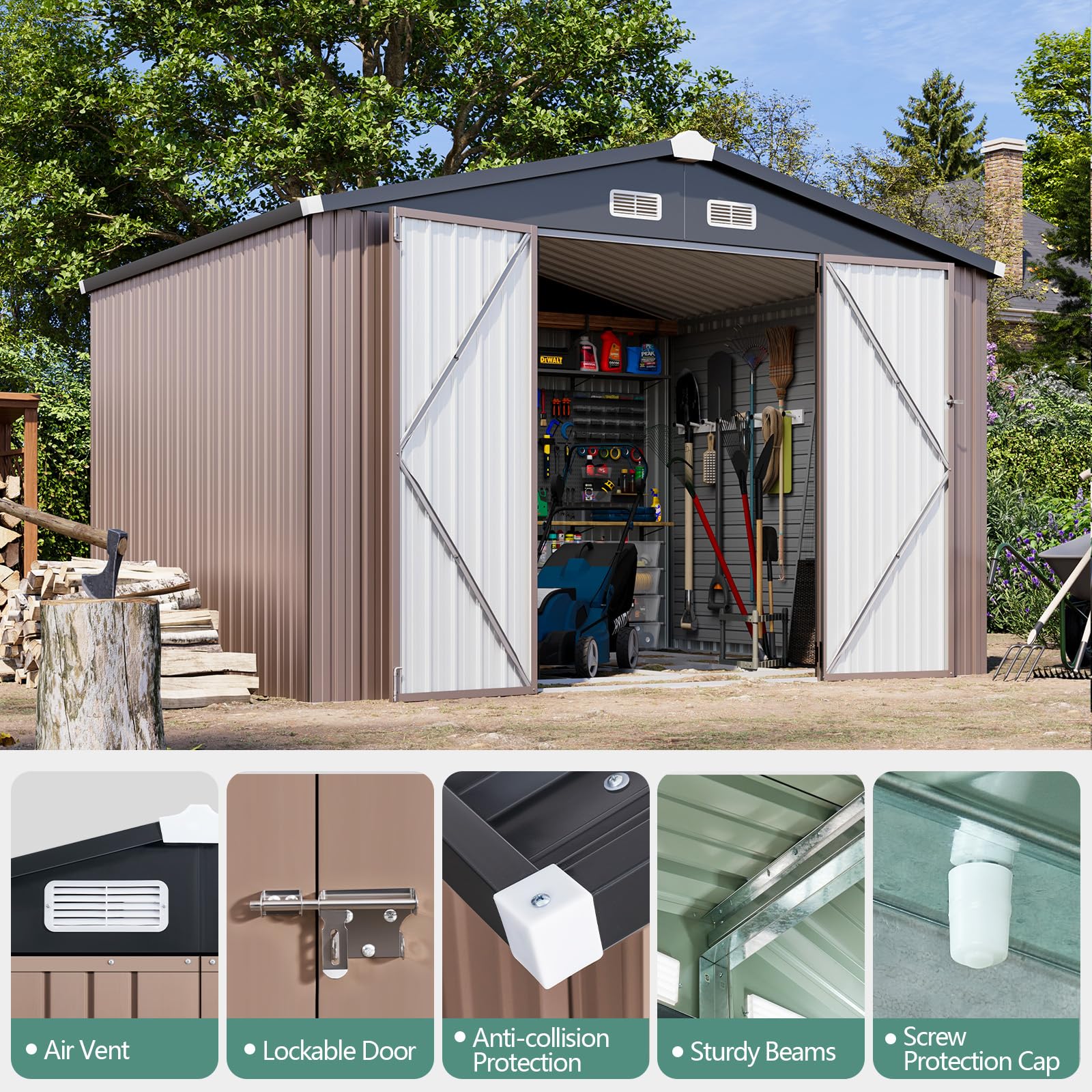 Oneinmil 10x8 FT Outdoor Storage Shed - Durable Metal Tool Shed with Lockable Door, Weather-Resistant Garden Shed for Backyard, Patio & Lawn (Brown) | Perfect for Storing Tools, Equipment & Outdoor Gear