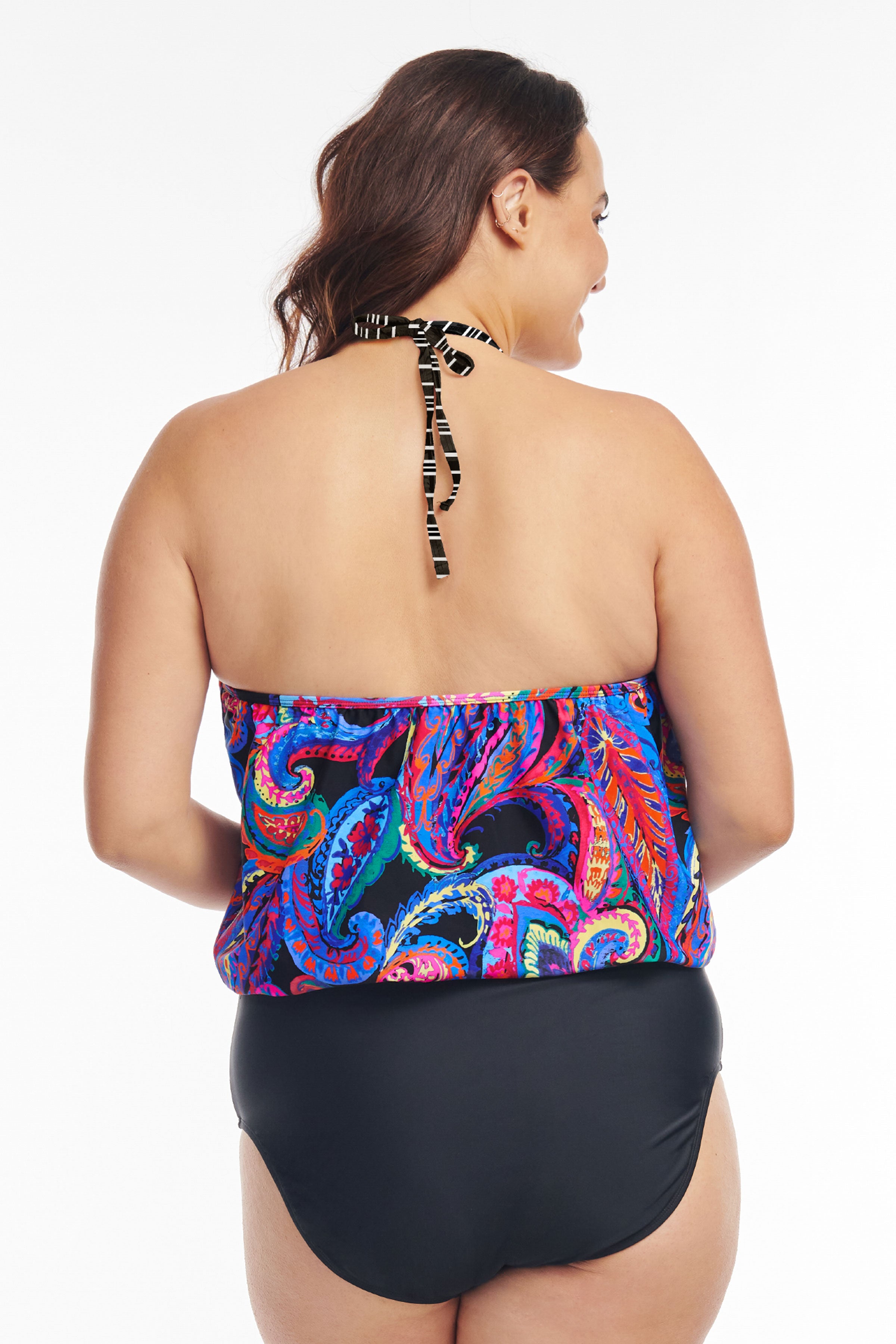 Plus Size High Neck Halter Blouson One Piece Swimwear - French Paisley Print Women's Bathing Suit for Beach, Pool & Vacation