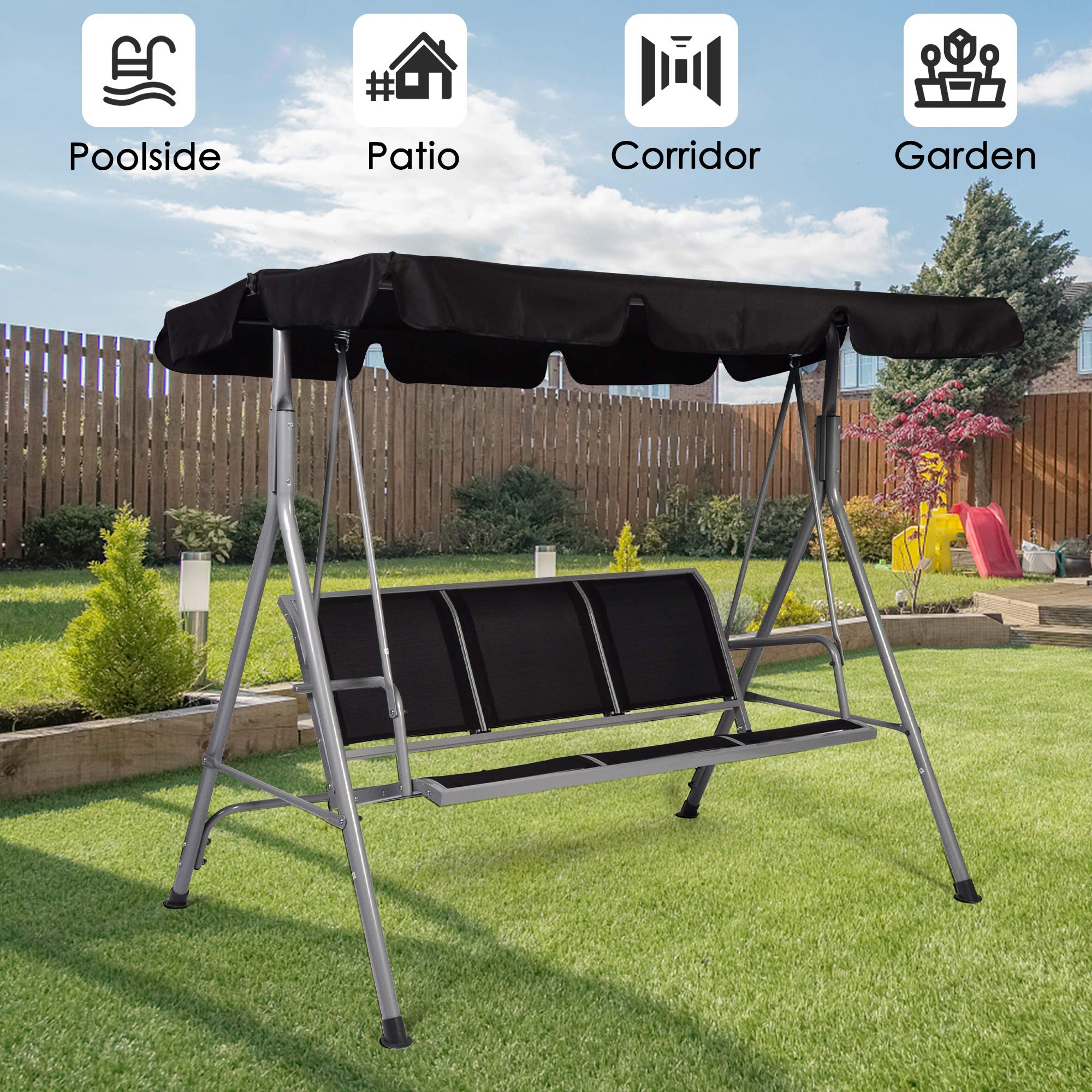 3-Person Outdoor Patio Swing with Cooling Mesh Seat & Adjustable Canopy - Steel Frame Swing Glider Bench for Garden, Deck, Backyard - Perfect for Relaxing, Lounging & Outdoor Entertaining
