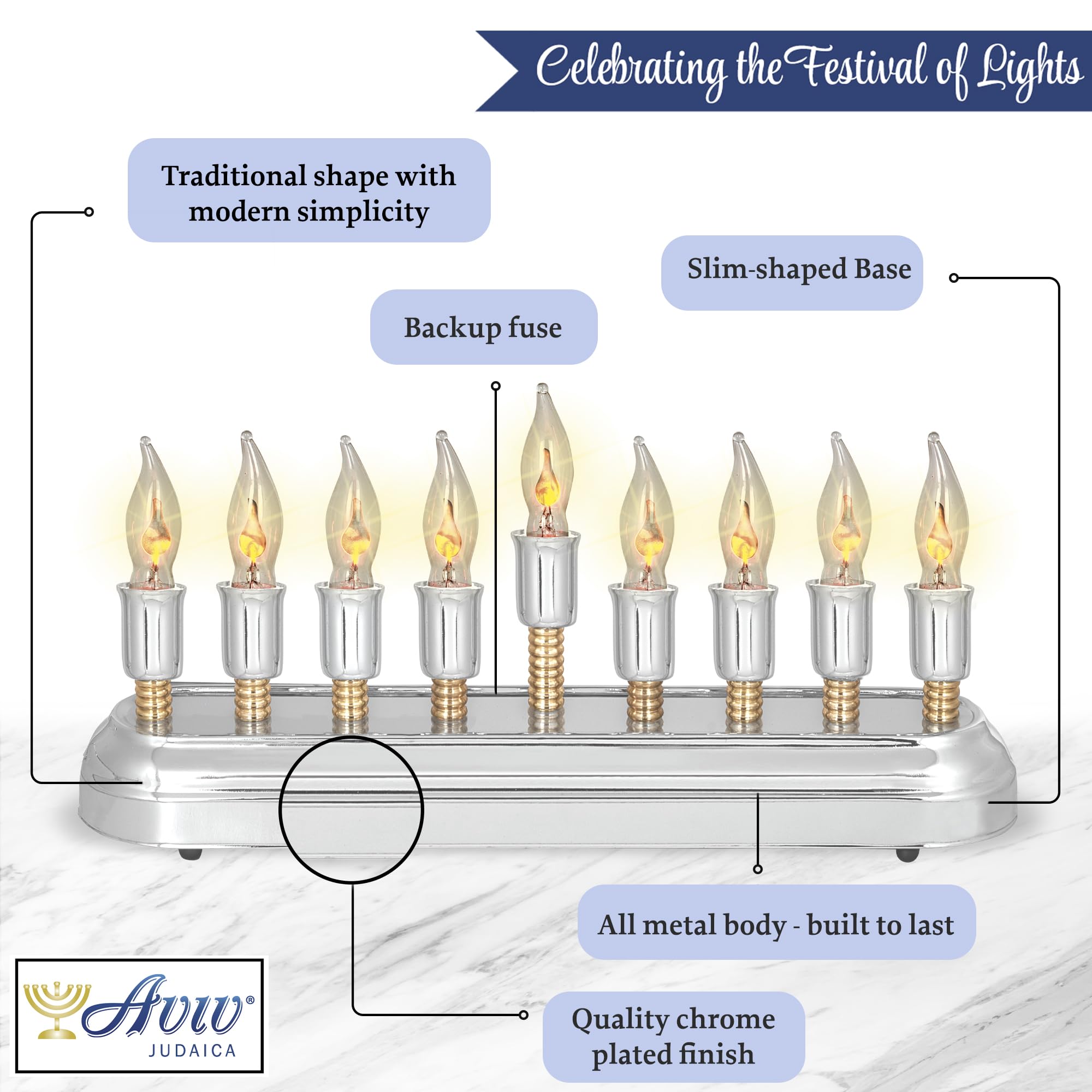 Modern Electric Hanukkah Menorah - Stainless Steel Hanukkiah with Flickering LED Bulbs, Horizontal Electronic Menorah for Chanukah - Flameless Candles & Hanukkah Lights Decor for Home, Synagogue & Office Celebrations