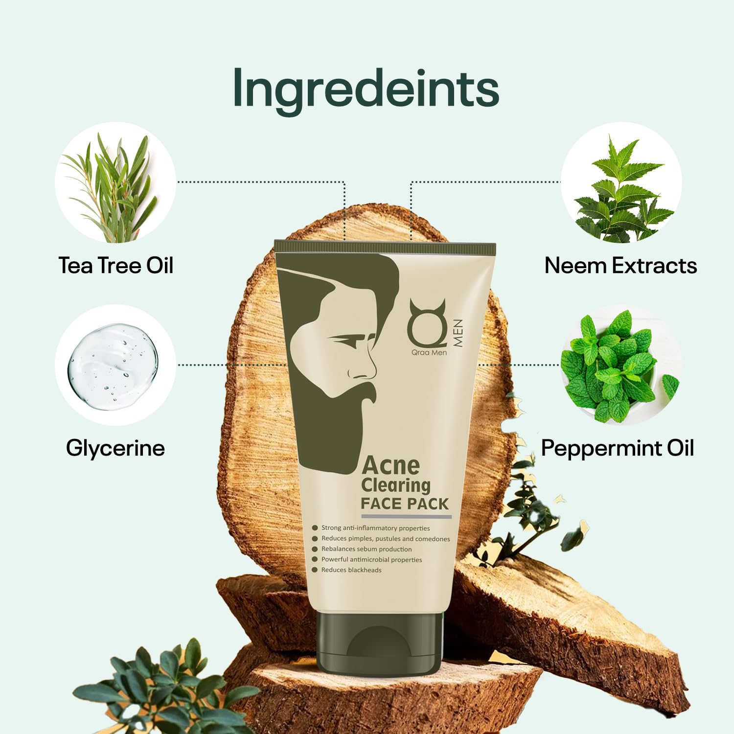 Qraa Men Acne Clearing Face Pack with Turmeric & Tea Tree Oil - 100g | Prevents & Treats Pimples, Reduces Breakouts | Perfect for Daily Skincare & Post-Shave Routine