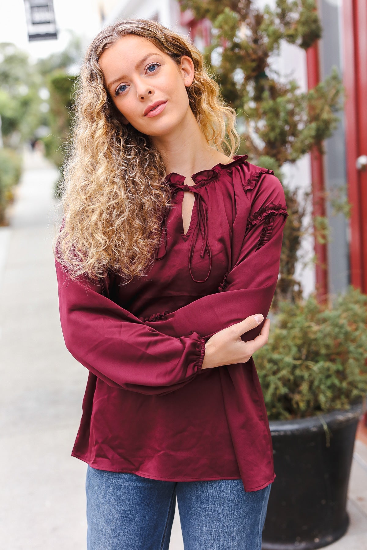 Elegant Burgundy Satin Blouse with Frill Detail & Tie Neck - Perfect for Holiday Parties & Special Occasions