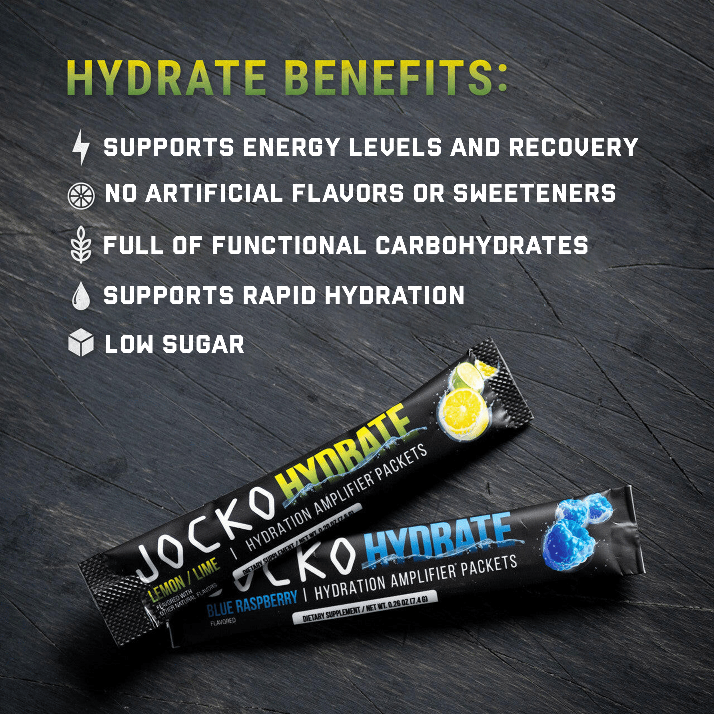 JOCKO Hydrate Sticks - Electrolyte Powder Packets for Rapid Hydration | Perfect for Workouts, Running, Sports & Outdoor Activities
