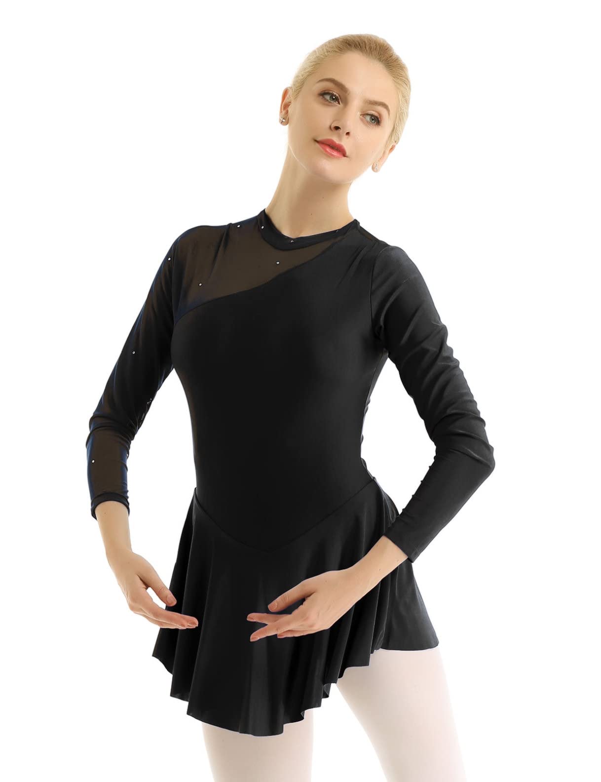 Elegant Women's Lyrical Dance Costume - Long Sleeve Mesh Figure Skating Dress with Backless Design | Ballet Leotard for Performances, Competitions & Stage Shows