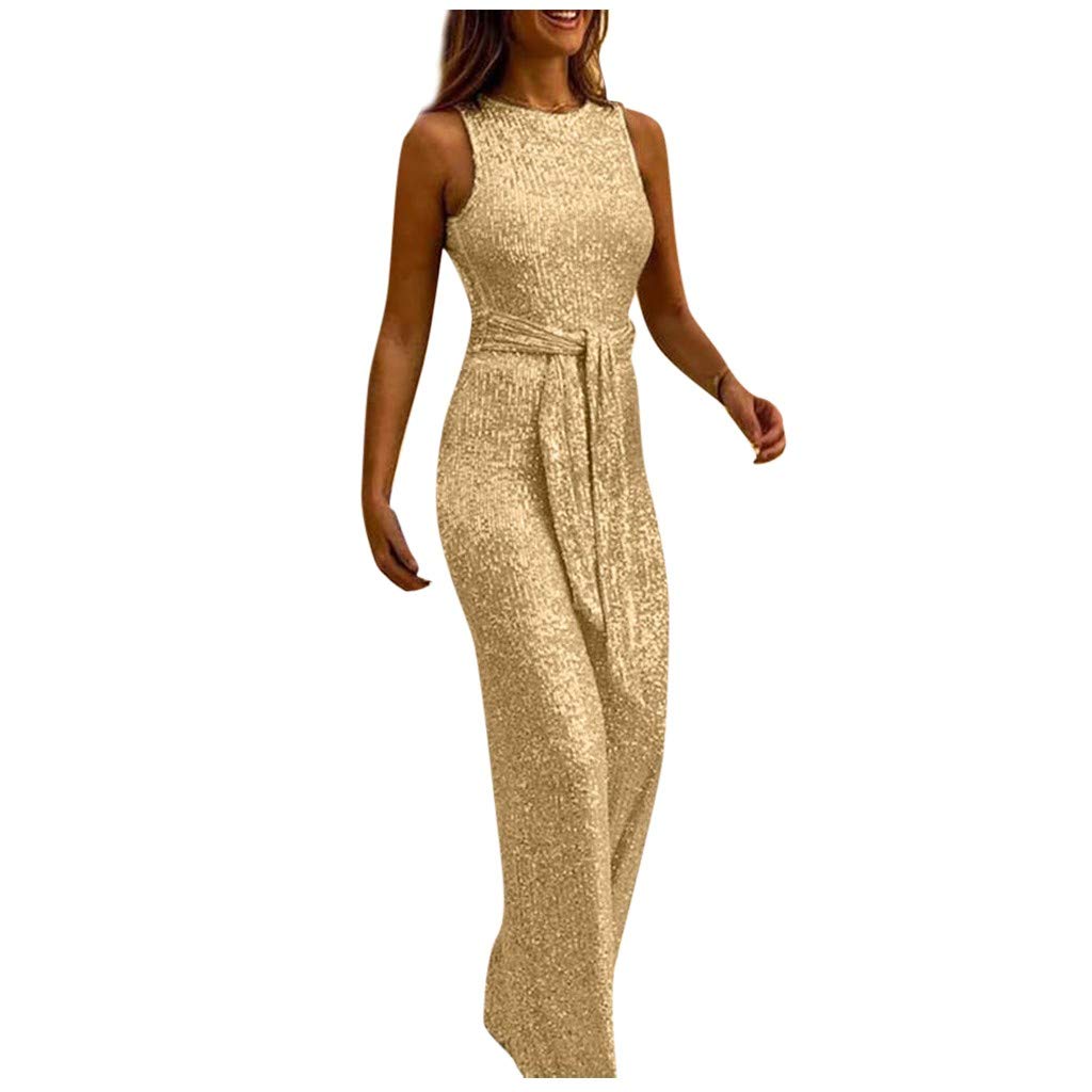 Elegant Women's Sleeveless Wide Leg Jumpsuit with Belt - Sexy Cocktail Party Romper Pantsuit for Night Out, Dinner Date & Special Occasions