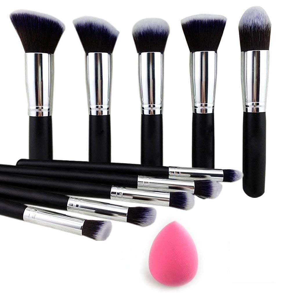 10-Piece Black Makeup Brush Set with Pink Beauty Blender - Professional Cosmetic Brushes for Women & Girls (Pack of 11) - Perfect for Foundation, Eyeshadow, Blending & Contouring