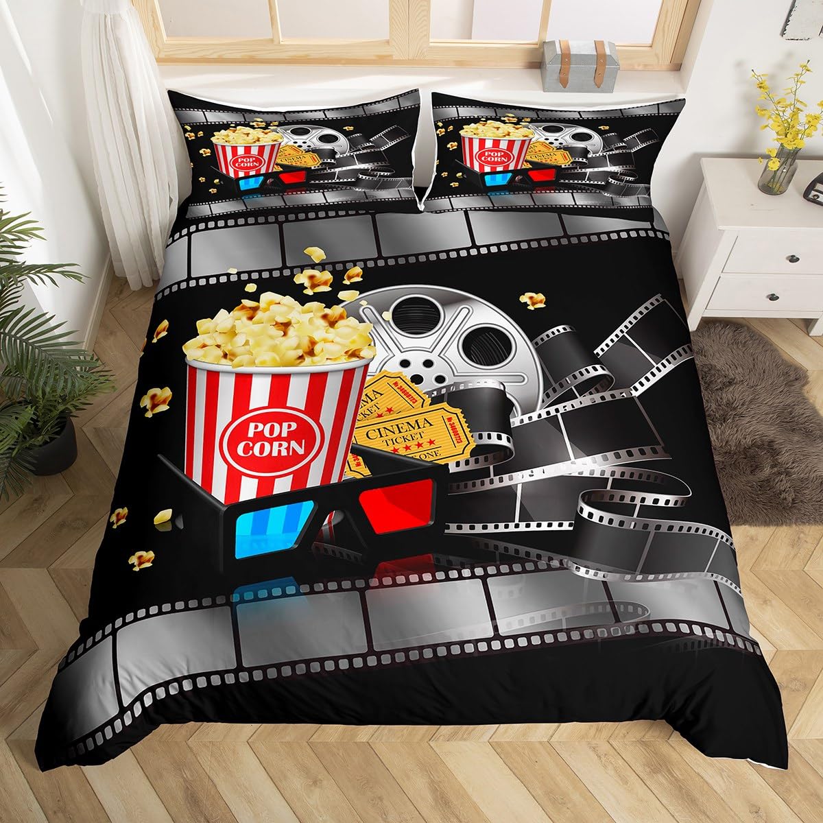 **Kids Movie Theater Bedding Set - Twin Size Popcorn & Ticket Print Duvet Cover, Breathable Comforter for Boys & Teens - Perfect for Movie Nights, Sleepovers & Home Theater Room Decor**