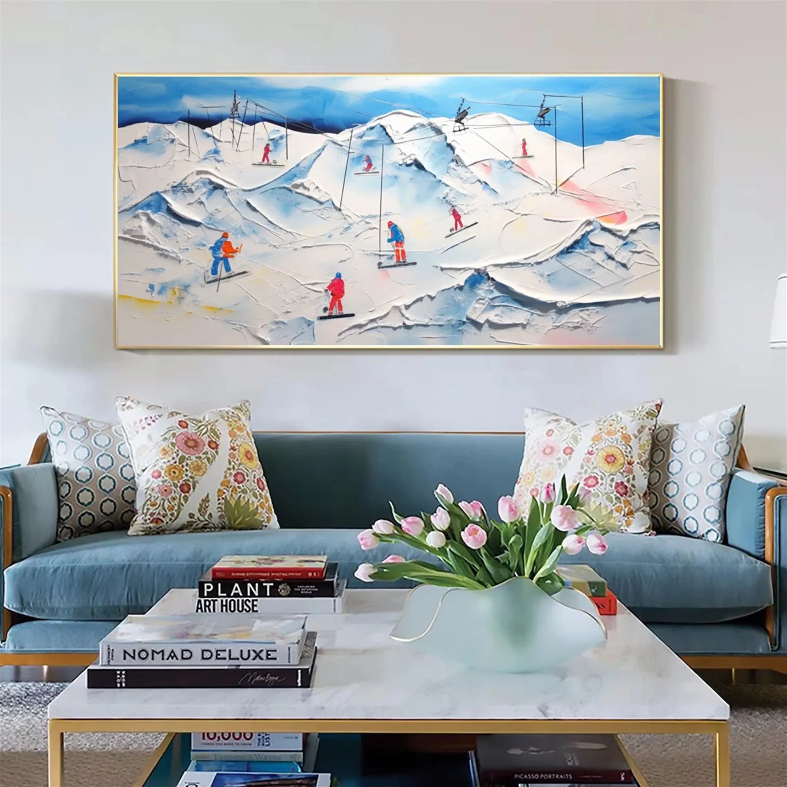 Premium Skiing Sport Art Textured Painting Canvas Wall Decor - Winter Sports Theme Home & Office Decoration #MM224 - Perfect for Living Room, Bedroom, Ski Lodge & Cabin Decor