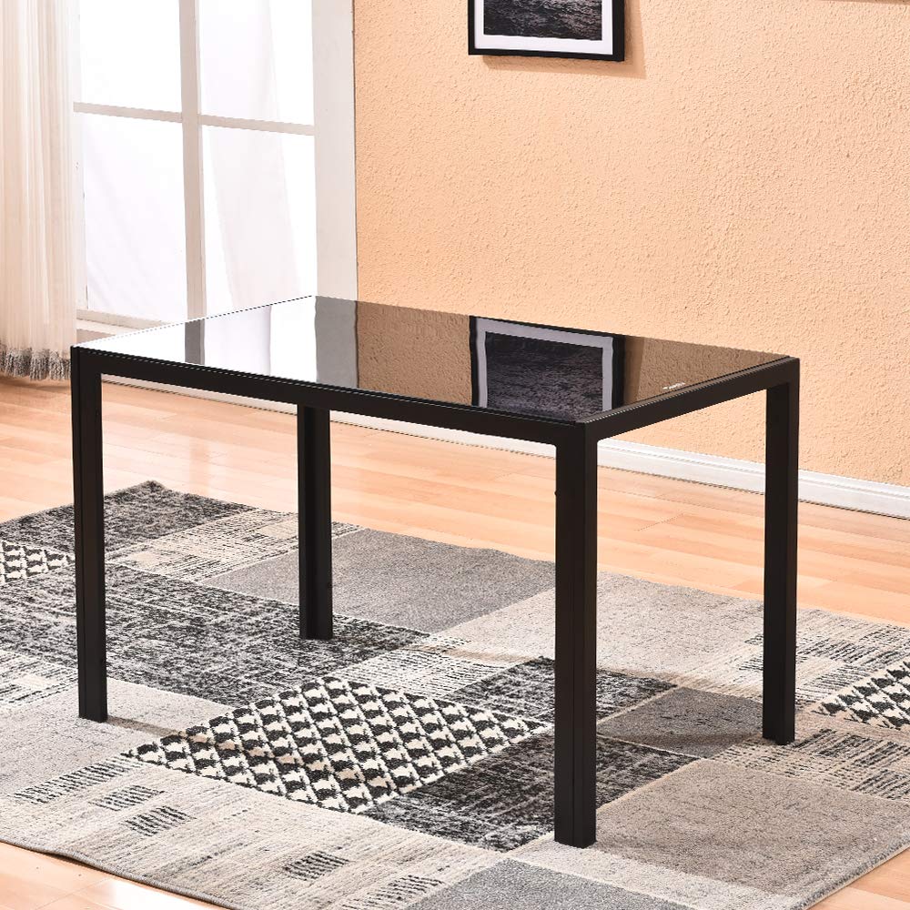 Modern 7-Piece Glass Dining Table Set with 6 Faux Leather High Back Chairs - Black Contemporary Kitchen & Restaurant Furniture for Home Dining Room, Small Space, and Commercial Use