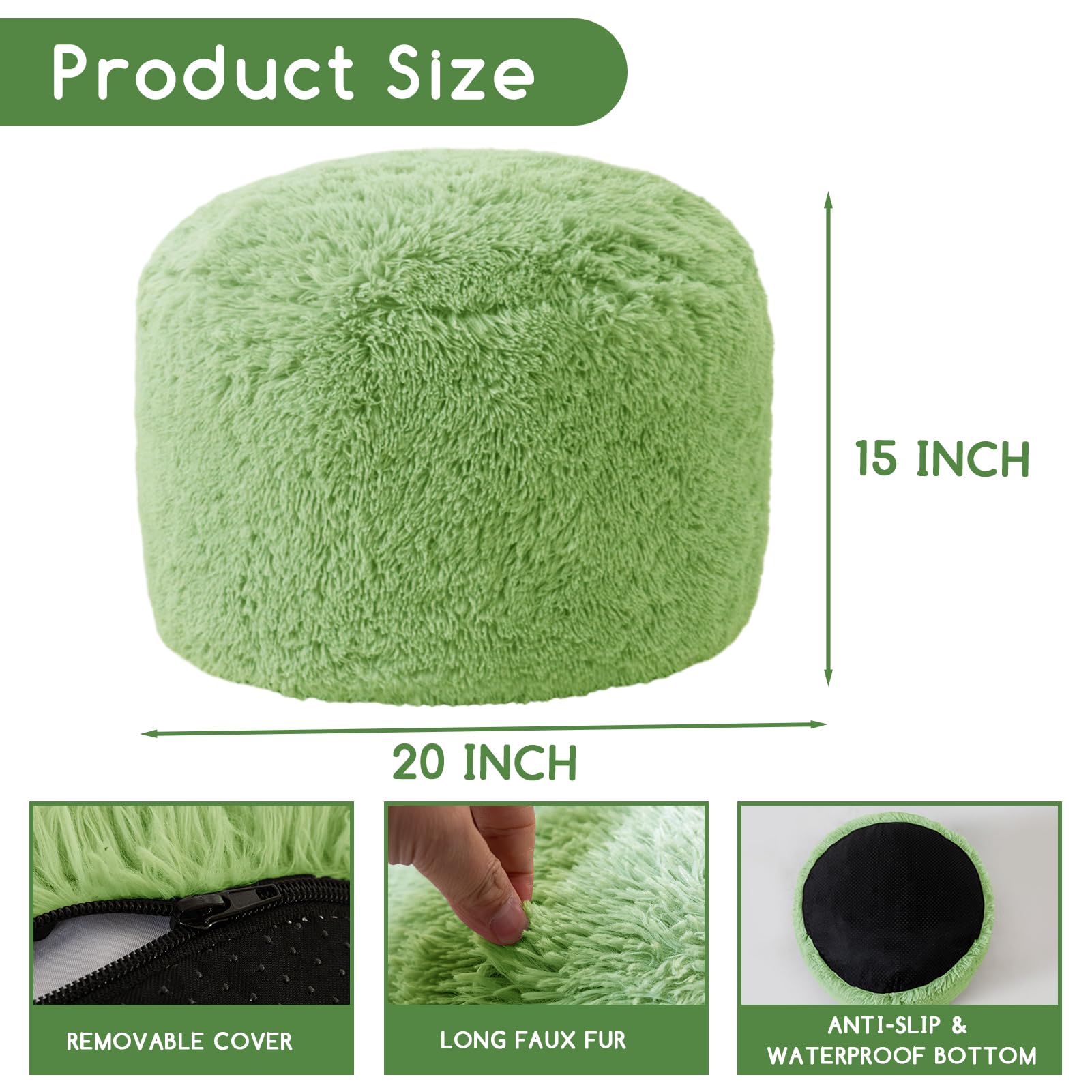 MAXYOYO Round Stuffed Pouf Ottoman - Long Faux Fur Footrest with Foam Chunk Filling, Green - Perfect for Living Room, Bedroom & Nursery Decor