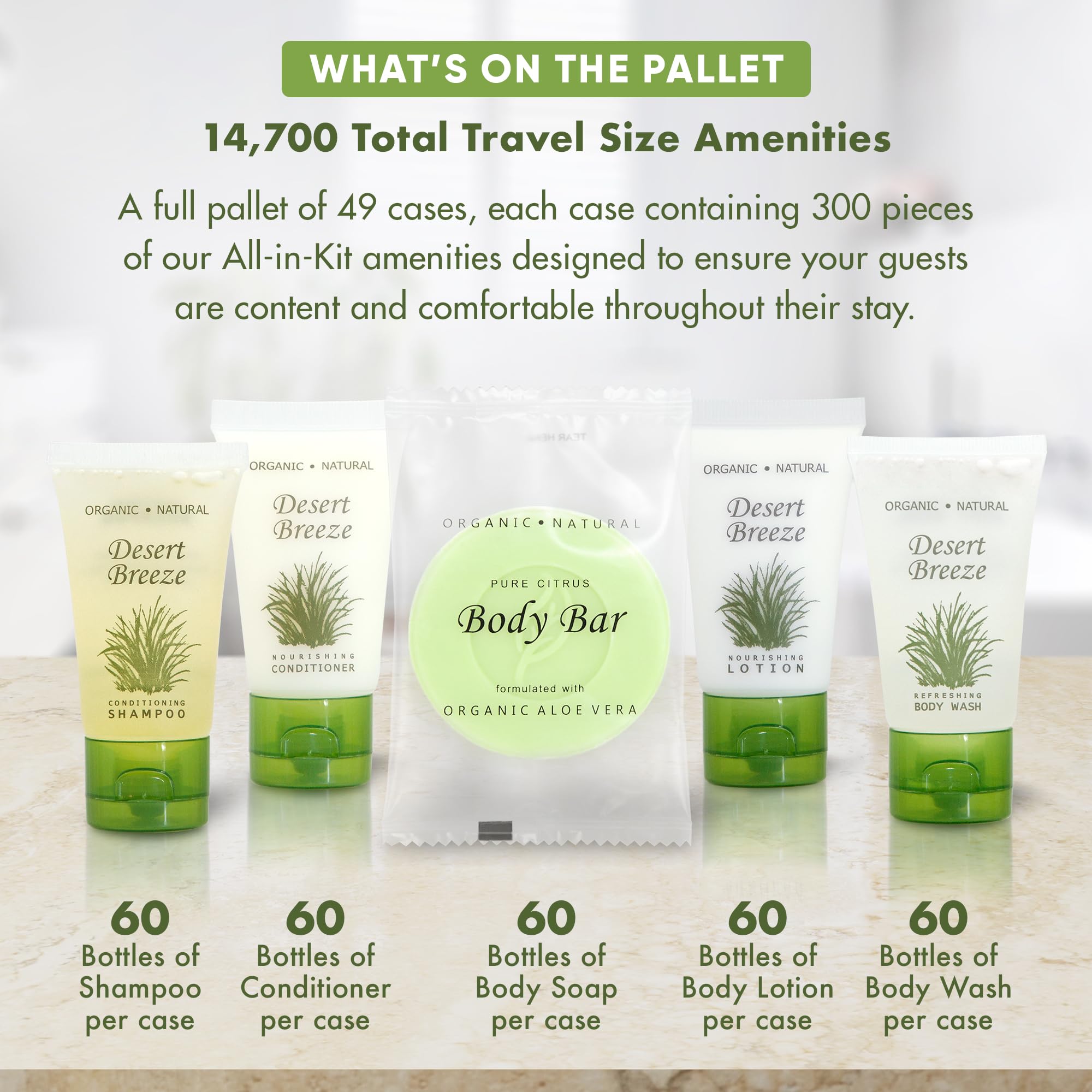 Bulk Hotel Soiletries Set - 1oz Shampoo, Conditioner, Body Wash, Lotion & Bar Soap | 14,700 Piece Full Pallet (49 Cases x 300 Units) | Perfect for Hotels, Spas, Gyms & Hospitality Businesses