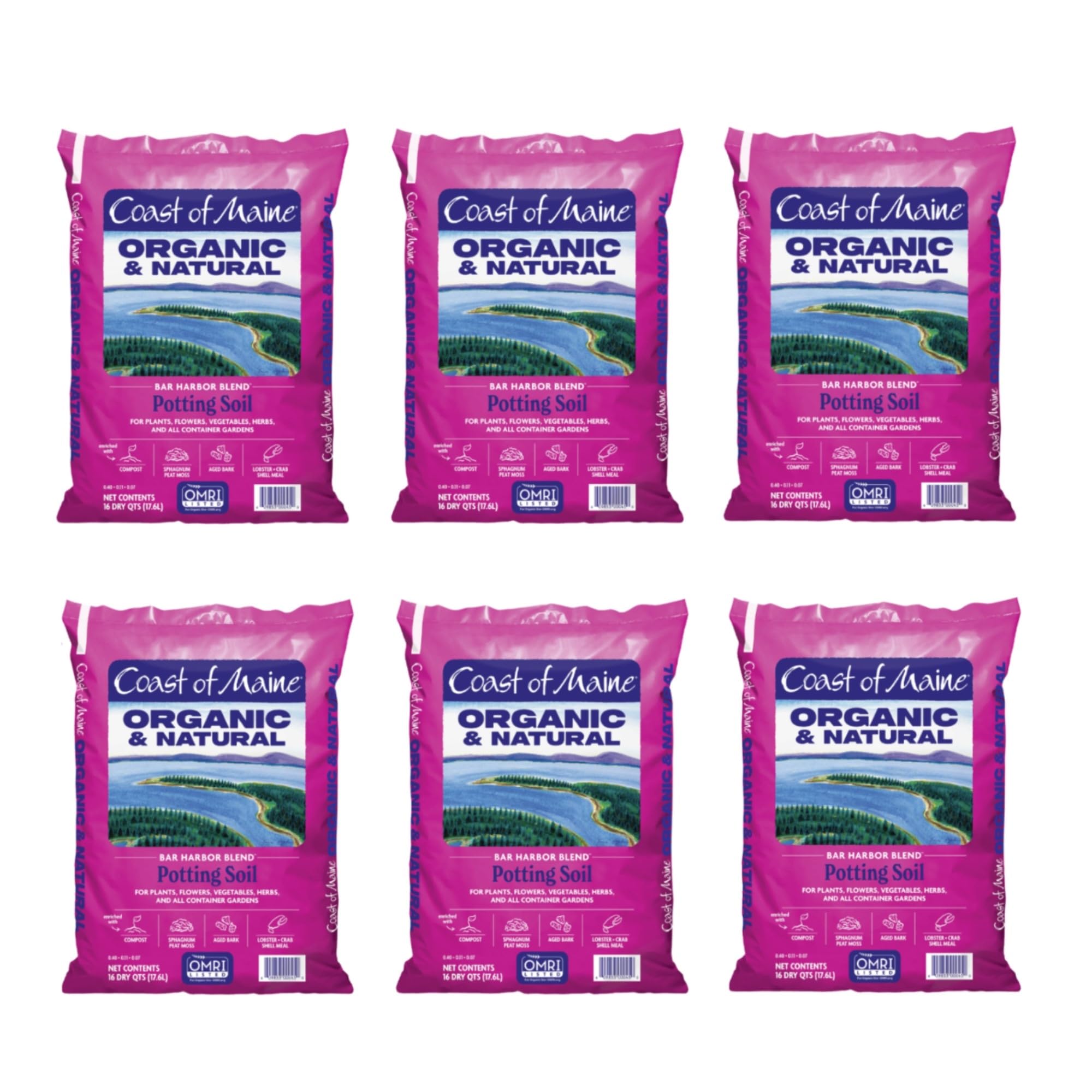 Organic & Natural Coast of Maine Bar Harbor Blend Potting Soil - 16qt (Pack of 6) for Houseplants, Flowers, Vegetables & Herbs | Perfect for Indoor & Outdoor Container Gardening, Raised Beds & Urban Farming
