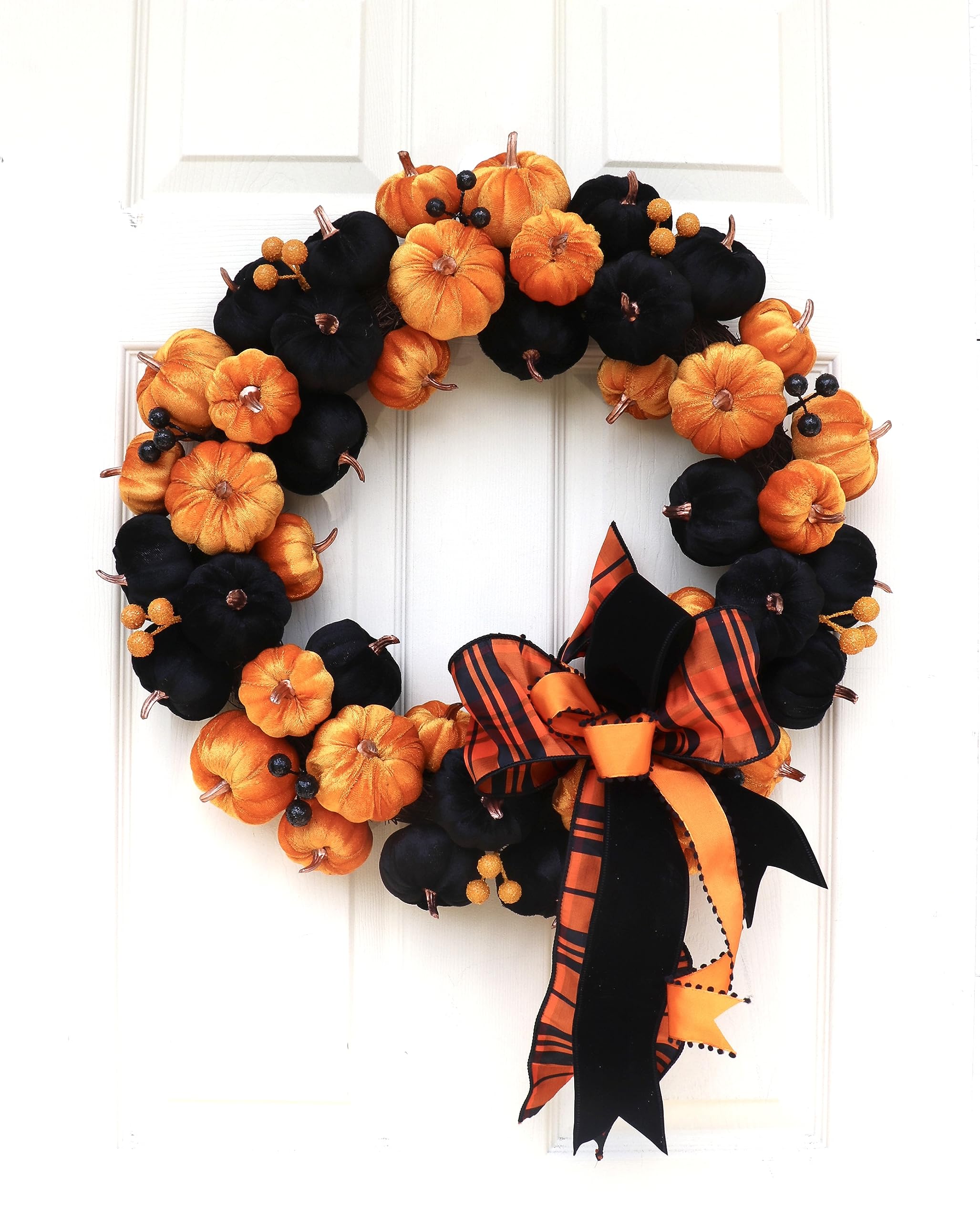 20 Inch Halloween Front Door Wreath with Orange & Black Velvet Pumpkins - Spooky Fall Porch Decor for Halloween Party & Home Decorations