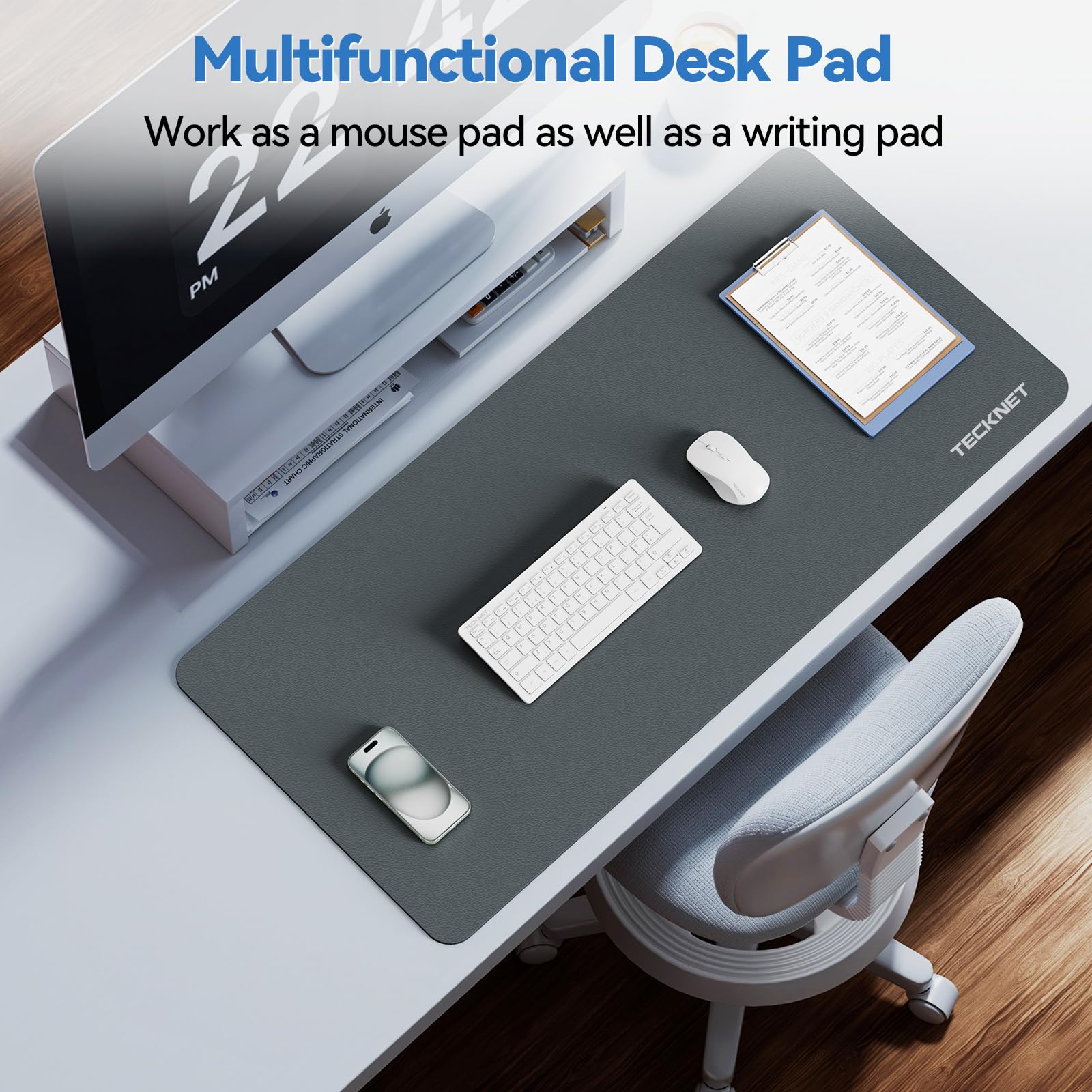 TECKNET 31.5x15.8 Inch Large Leather Desk Mat - Double-Sided Office Desk Pad for Laptop & Computer - Waterproof Writing Surface for Home & Office Workspace - Perfect for Meetings, Study & Gaming (Grey)