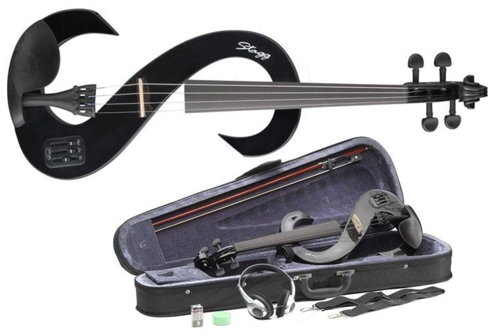 Stagg 4/4 Full Size Electric Silent Violin Set with Bow - Black S Shape | Includes Hard Case, Shoulder Strap, Stereo Headphones & Rosin | Perfect for Practice, Studio Recording & Silent Performances