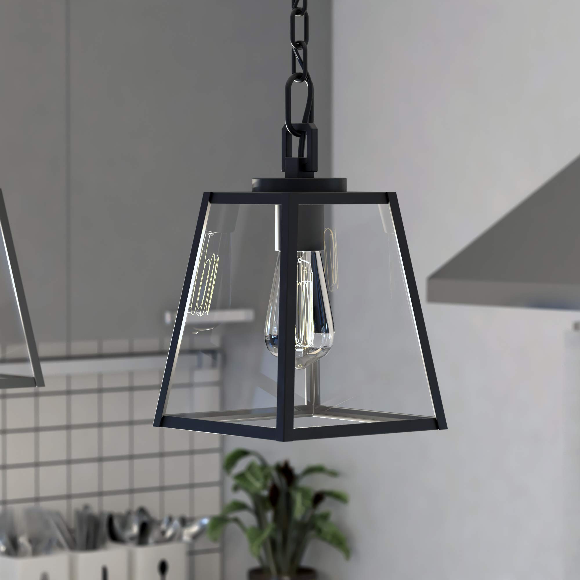 VAXCEL Grant 7-inch Black Farmhouse Mini Pendant Lantern - Indoor/Outdoor Hanging Ceiling Light with Clear Glass Panels - Perfect for Kitchen Island, Dining Room, Porch & Patio Lighting