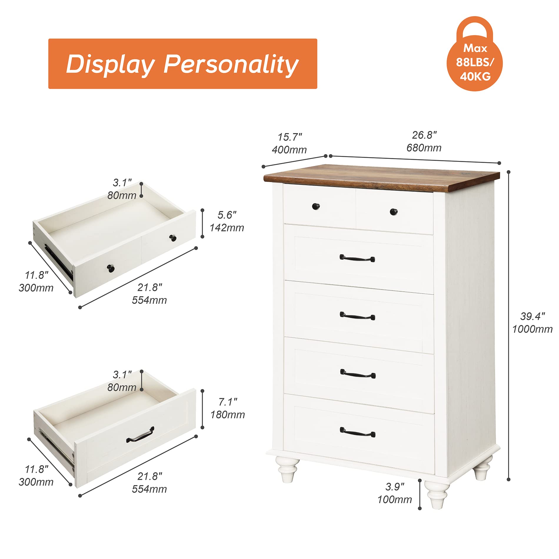 Modern White Dresser with 5 Drawers - Solid Wood Legs for Bedroom Storage | Farmhouse Kids Dresser Organizer