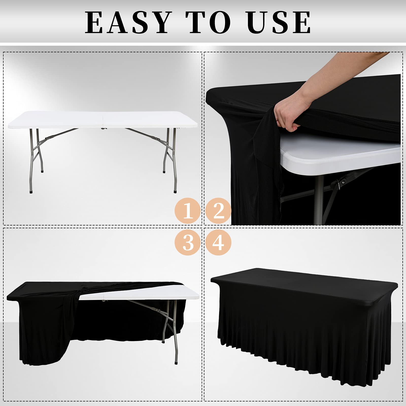 6 Pack 8Ft Spandex Table Skirt - Black Stretch Tablecloth with Ruffles Design for Rectangle Tables, Wrinkle-Resistant & Easy to Install - Perfect for Banquets, Weddings, Thanksgiving & Party Decorations (Ideal for Event Setup & Home Decor)