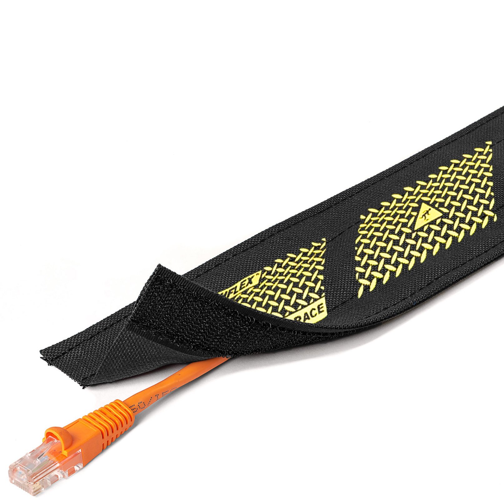 Electriduct 5-Inch Wide Dura Race Carpet Cord Cover - Heavy Duty Cable Protector with Hook & Loop Fastener - 25ft Black Wire Concealer with Yellow Safety Stripe - Ideal for Home Theater, Office, and Workshop Cable Management