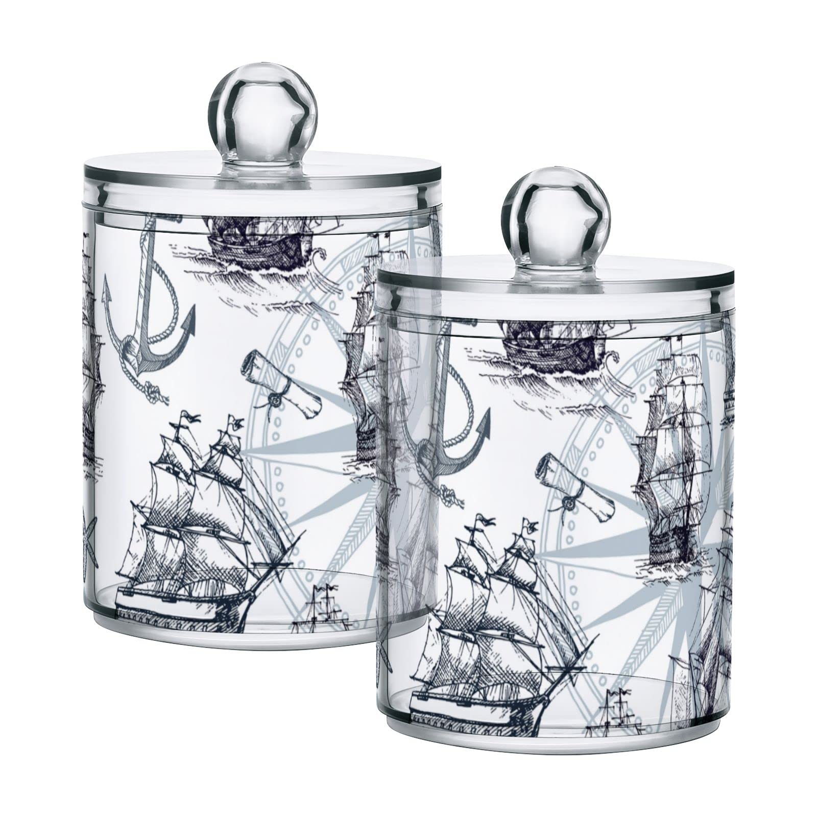 Vintage Sailboat Compass Anchor Seashell Plastic Storage Jars with Lids - Set of 2 Translucent 10oz Food Containers for Tea, Cookies, Cotton Swabs | Kitchen & Bathroom Organization, DIY Craft Supplies, Beach Themed Home Decor