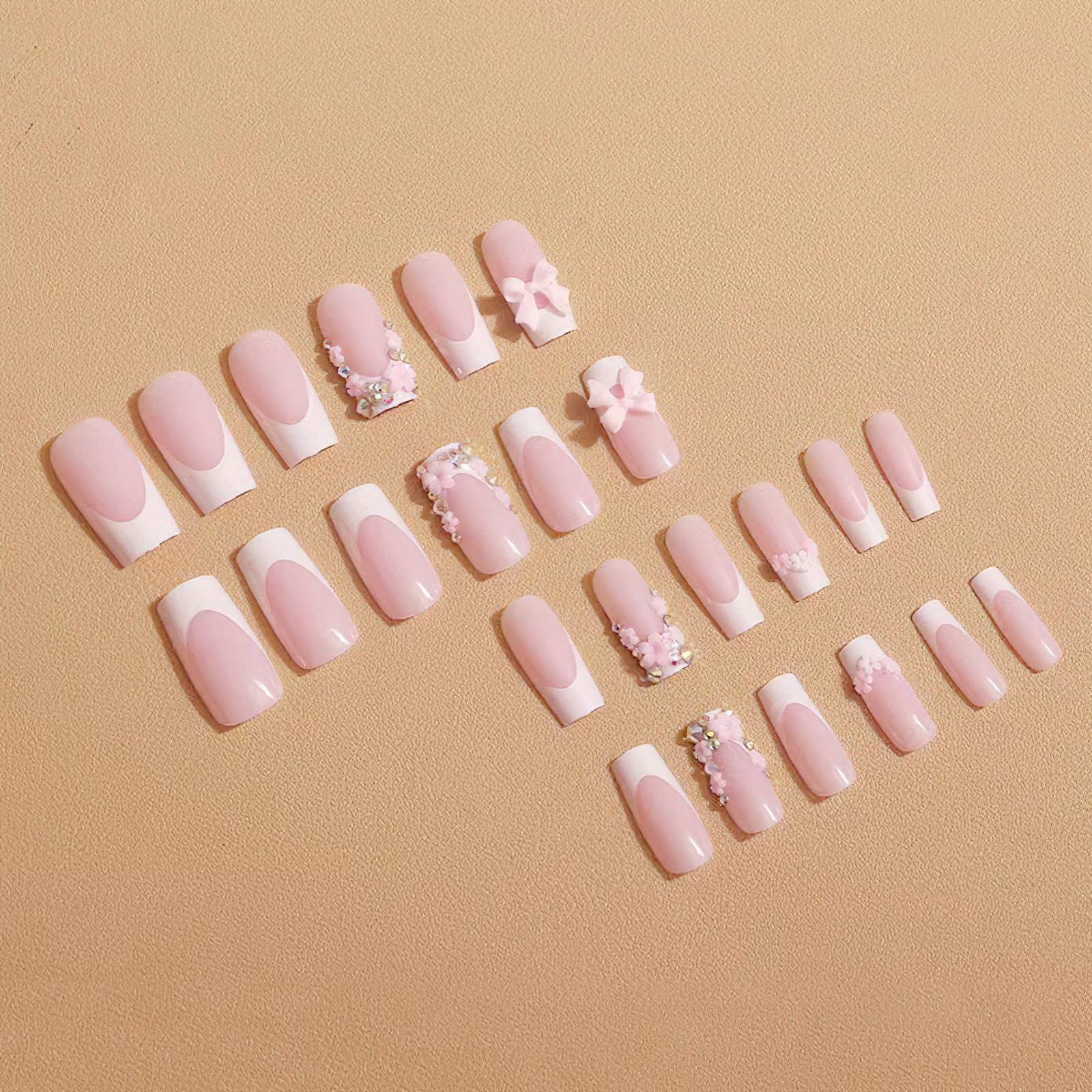 3D Bow Flower French Tip Press on Nails - Medium Square Fake Nails with Rhinestones | Glossy Nude Color Acrylic False Nails for Women (24Pcs) | Perfect for Weddings, Parties & Special Occasions
