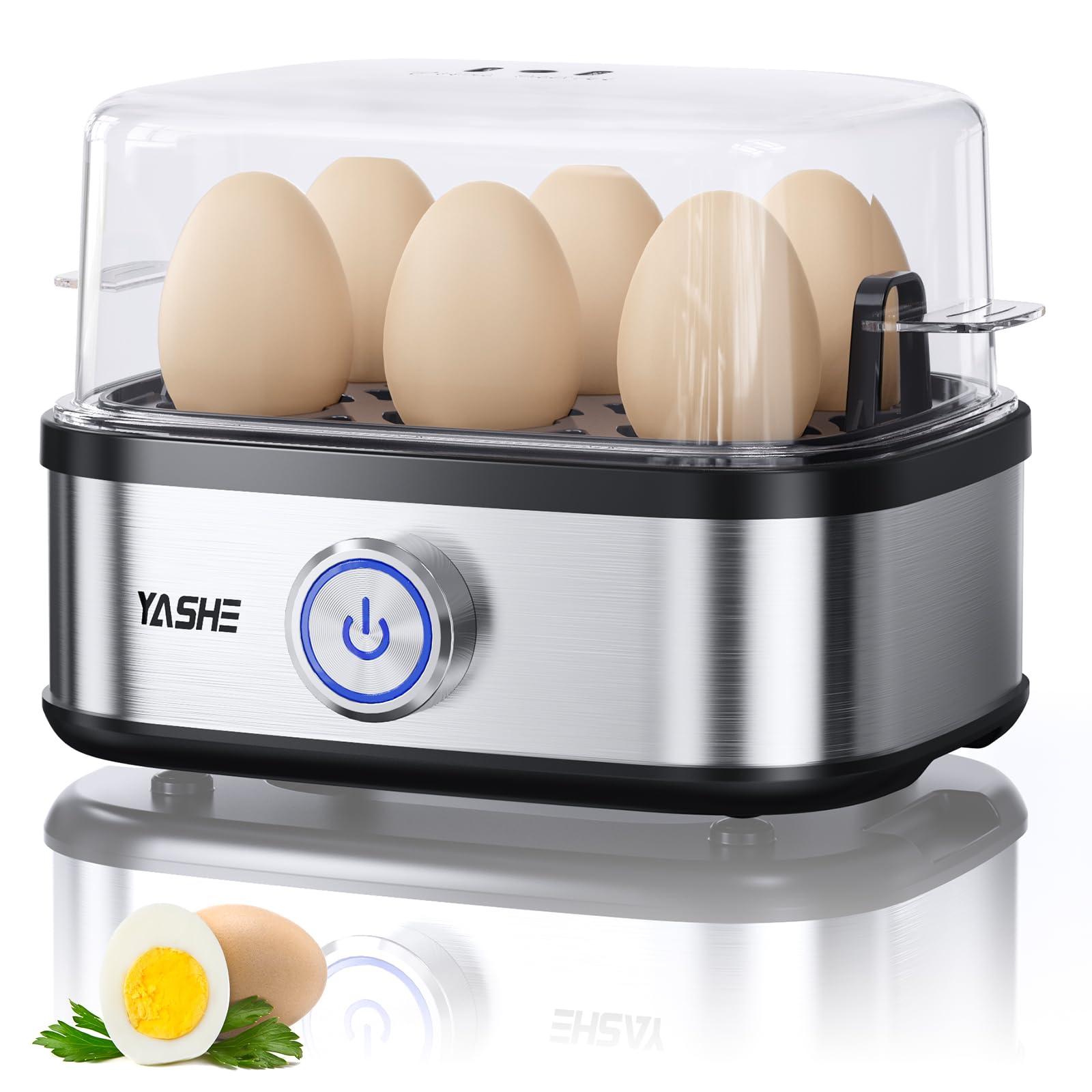 YASHE Rapid Egg Boiler - 400W Compact Electric Egg Cooker for Soft/Medium/Hard Boiled Eggs, Poached Eggs & Omelets | 6-Egg Capacity, Easy Peel, Stainless Steel Steamer with Buzzer & Indicator Light | Perfect for Breakfast, Meal Prep & Healthy Cooking
