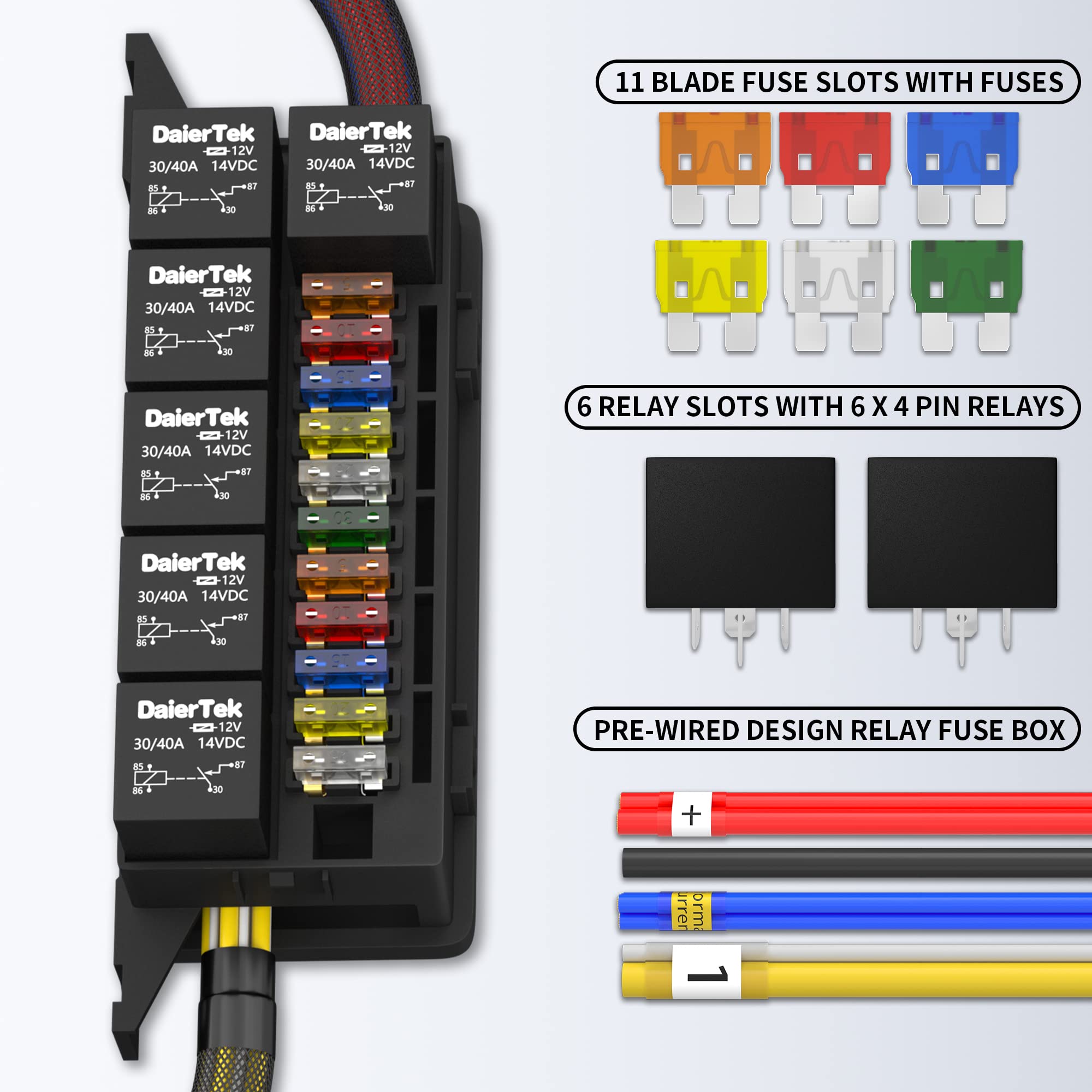12V 6 Relay Fuse Box with 11 Way ATC/ATO Blade Fuses - Pre-Wired Automotive Marine Boat Relay Block for Car, Truck, RV & Marine Applications - Waterproof & Durable Electrical Protection Solution