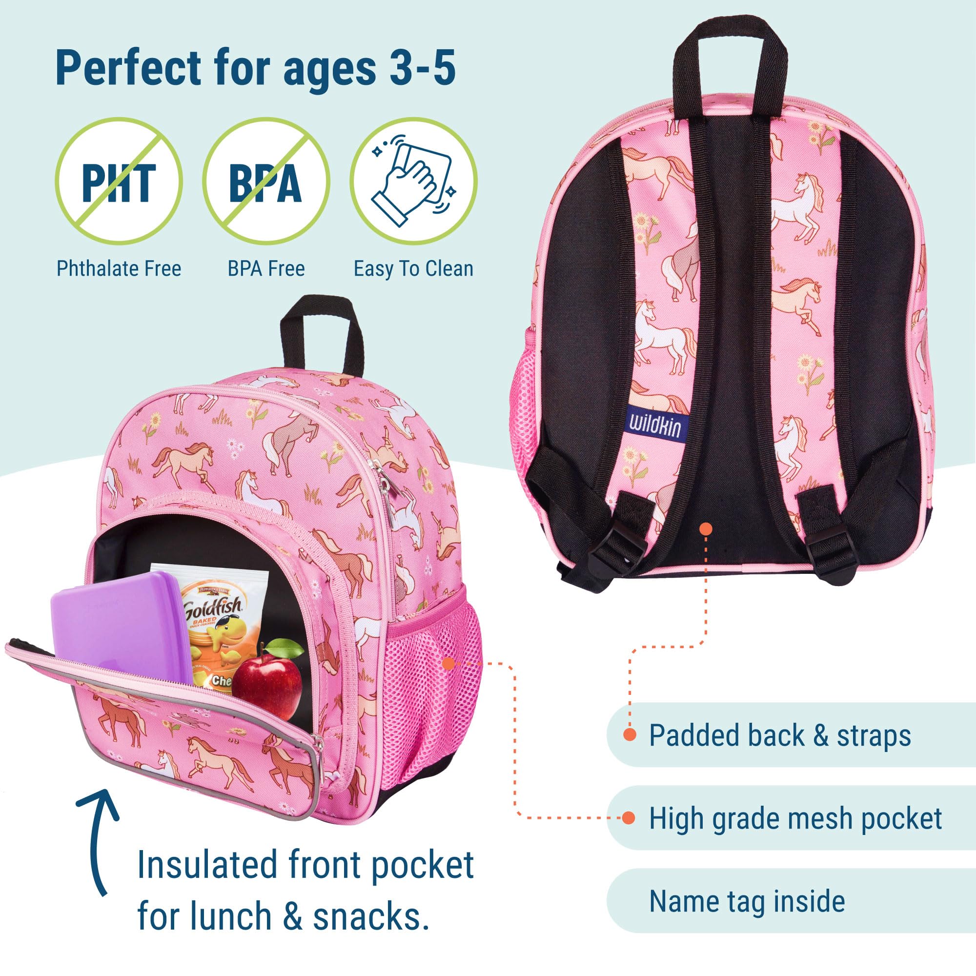 Wildkin 12-Inch Kids Backpack with Adjustable Padded Straps - Lightweight School Bag for Boys & Girls, Perfect for Daycare, Travel & Outdoor Adventures (Wild Horses Design)