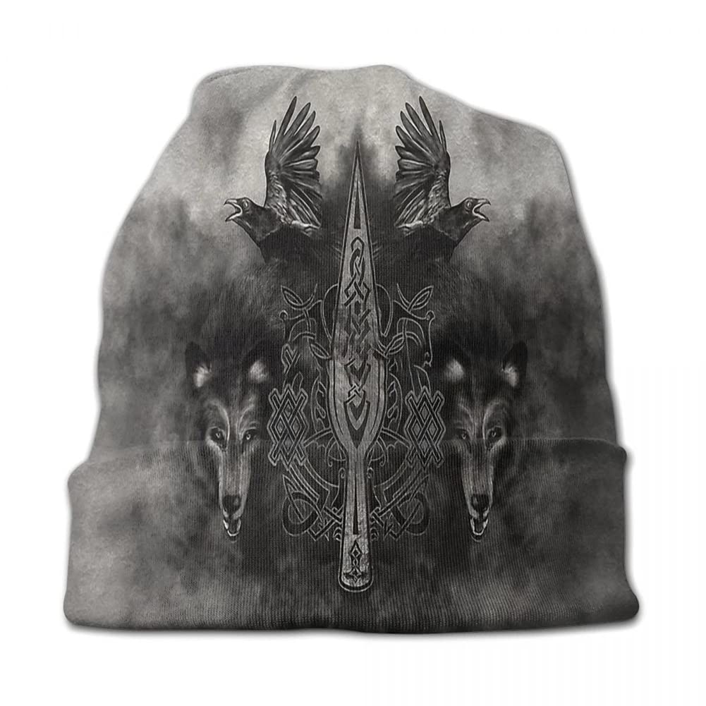 Vikings Beanie Hats - Fenrir Wolf & Odin Winter Skullies Knit Hat with Earmuffs for Men & Women - Warm Wool Cap for Outdoor Activities, Snowboarding, and Cold Weather Fashion